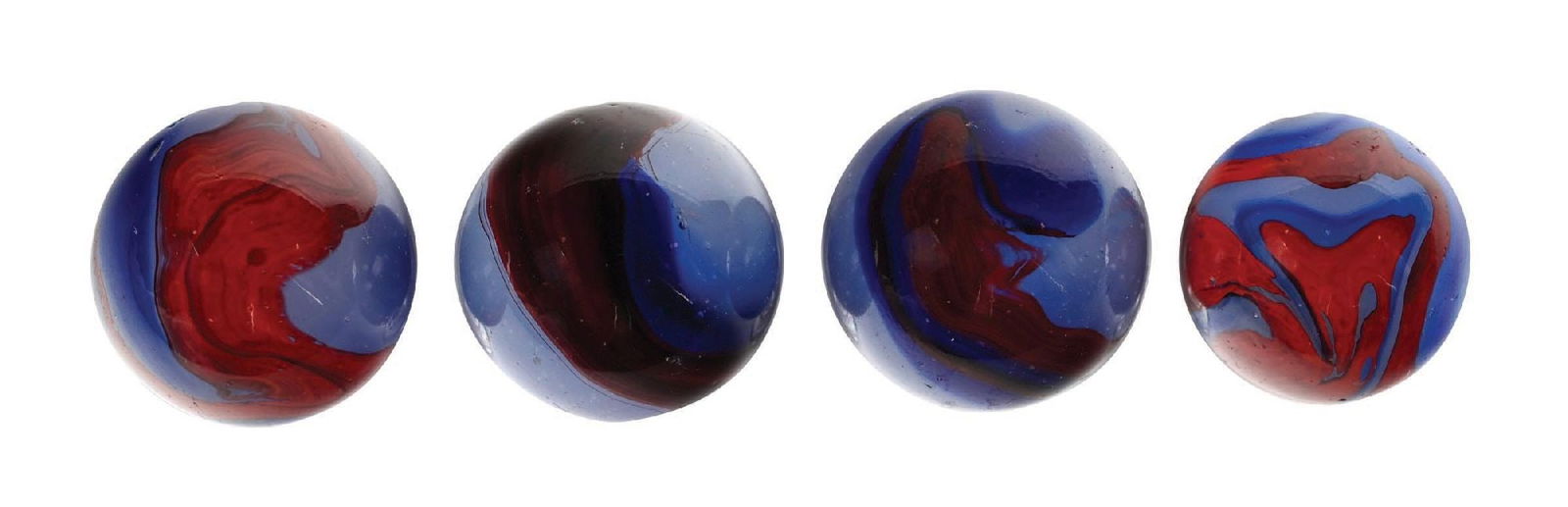 LOT OF 4: AKRO AGATE BLUE OXBLOOD MARBLES: 11/16" - 3/4" diam. Nice group of Akro Blue Oxbloods. Condition: (8.9 - 9.2). Dimensions: