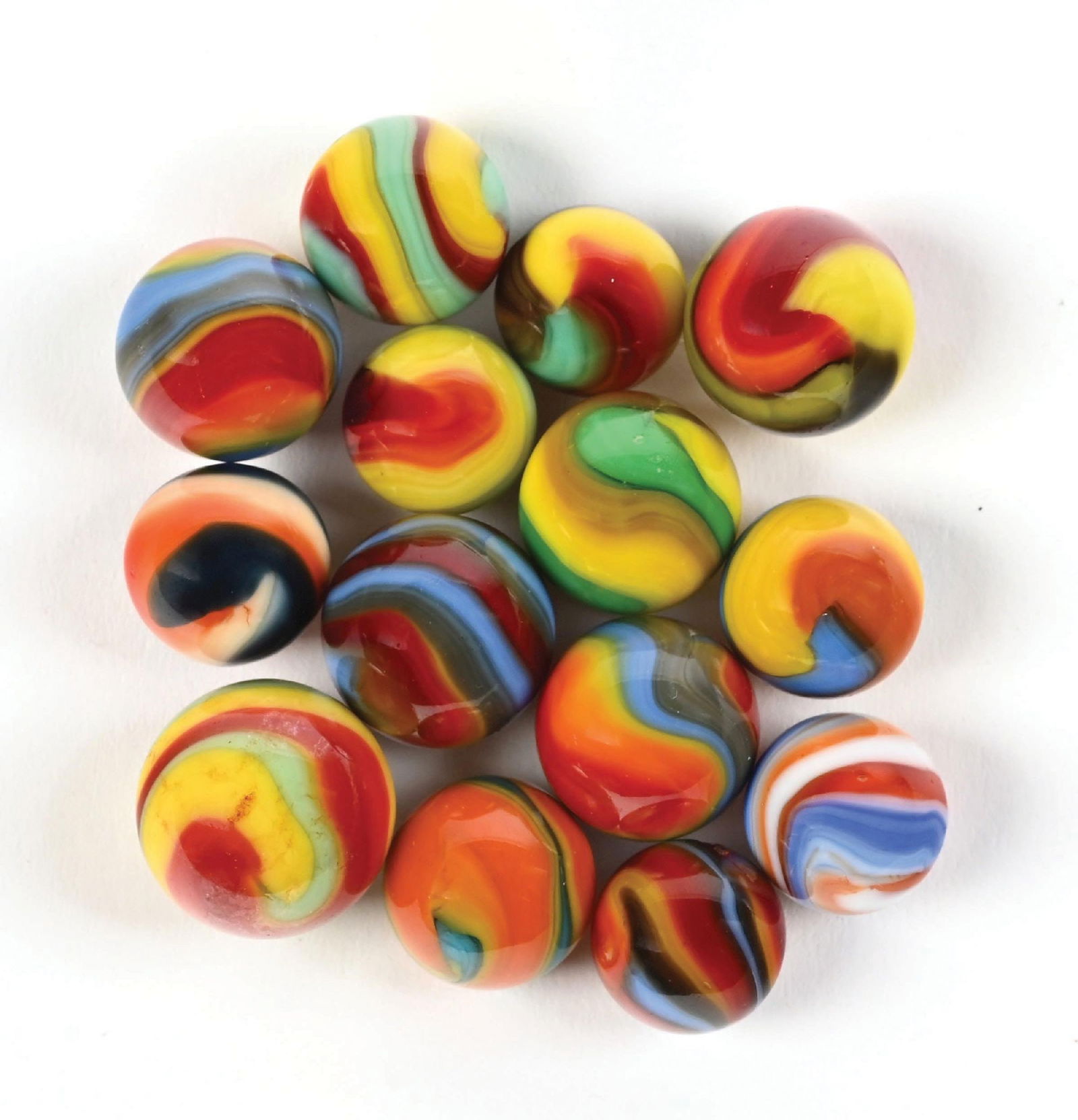 LOT OF 14: MULTICOLOR AKRO CORKSCREW MARBLES: 39/64" - 13/16" diam. Nice group of multicolored akro corkscrews. Condition: (9.0). Dimensions: Largest: 3/4" Dia.