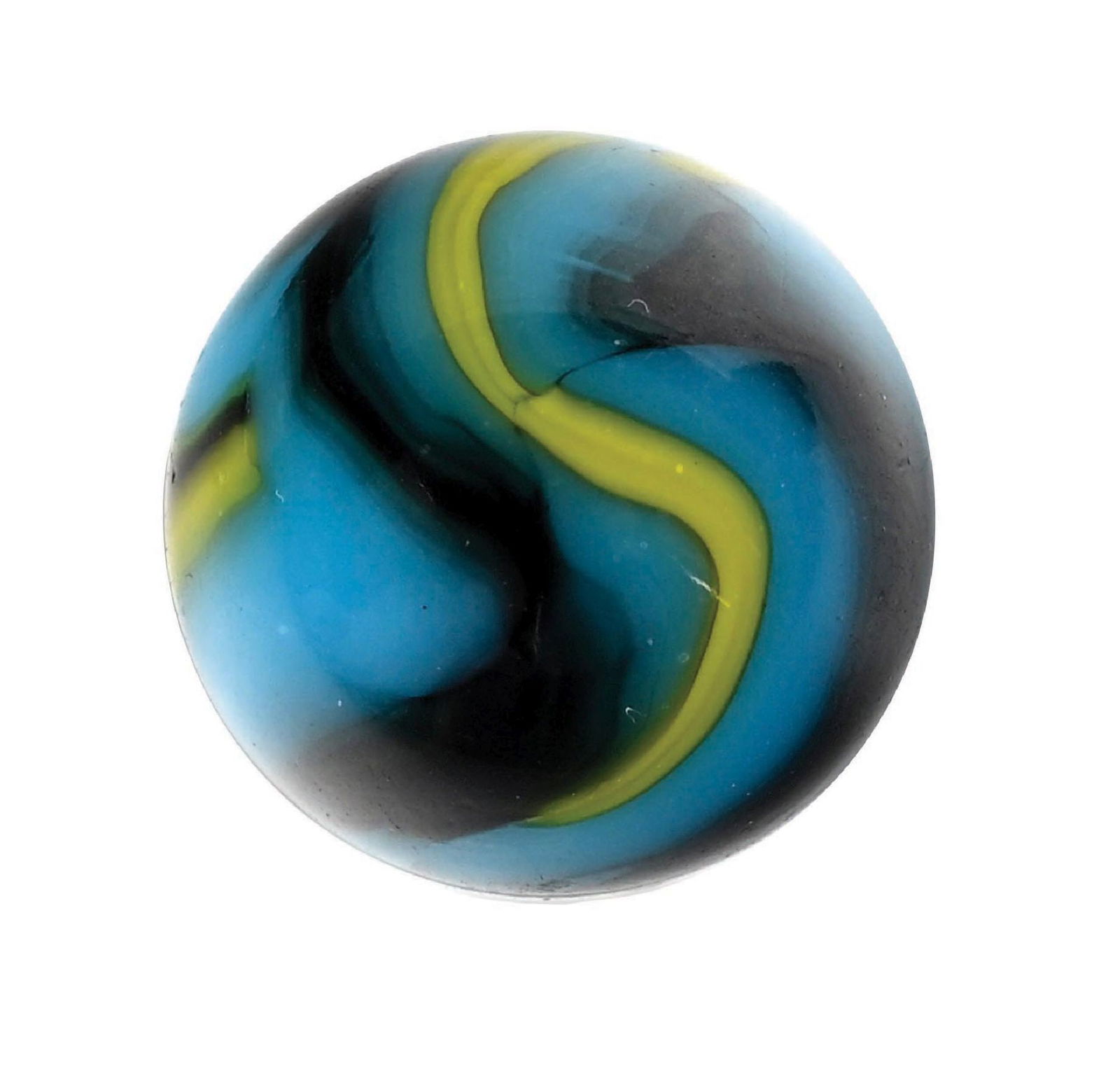PELTIER BLUE GALAXY MARBLE: 5/8" diam. Blue base loaded with black aventurine and yellow stripes. Very hard-to-find marble. Condition: (9.7). Dimensions: 5/8" Dia.