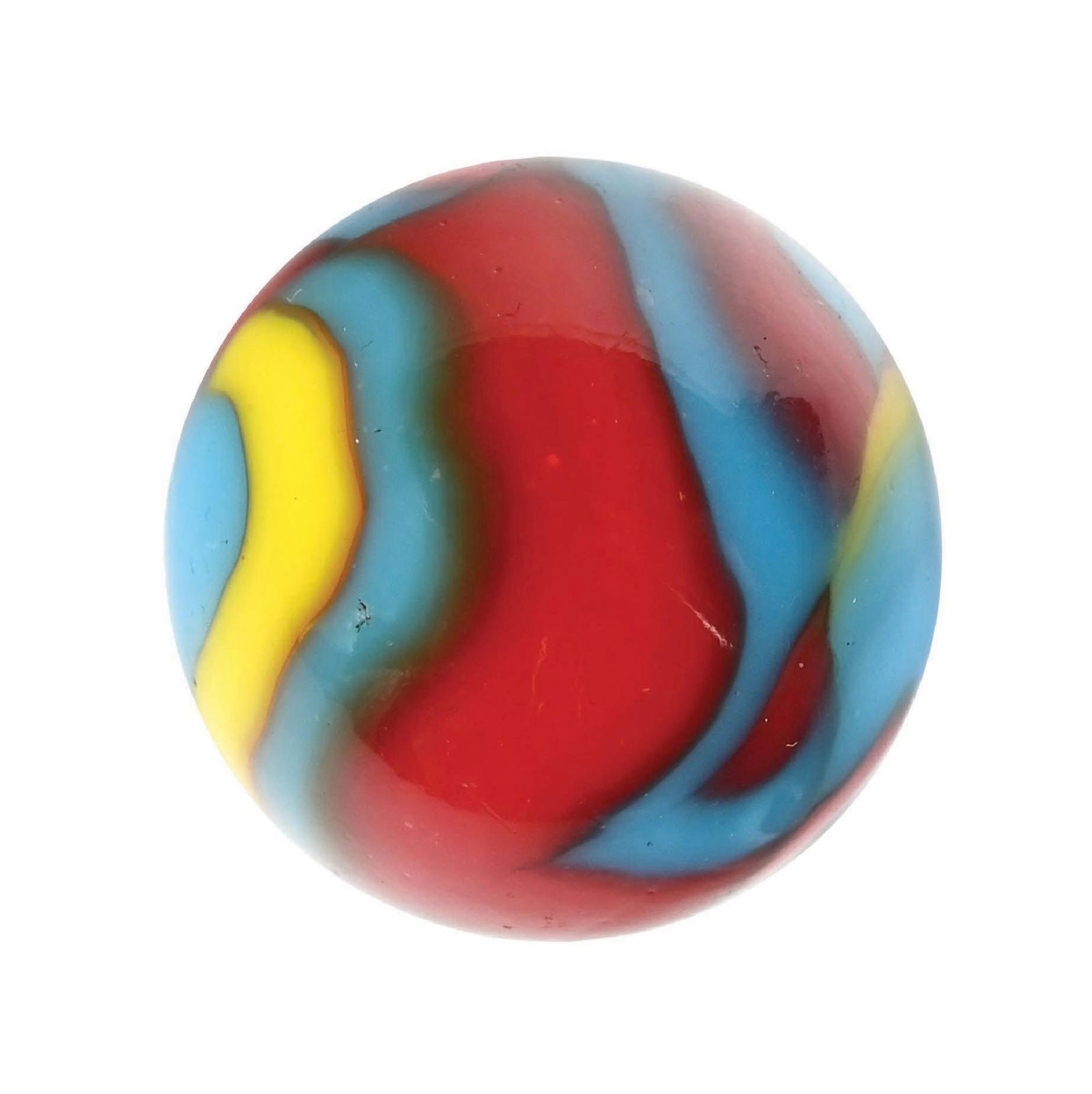 LARGE PELTIER SUPERMAN MARBLE: 55/64" diam. Blue base with nice swirl pattern of red and yellow. Surface shows small fleabite. Condition: (8.9). Dimensions: 3/4" Dia.
