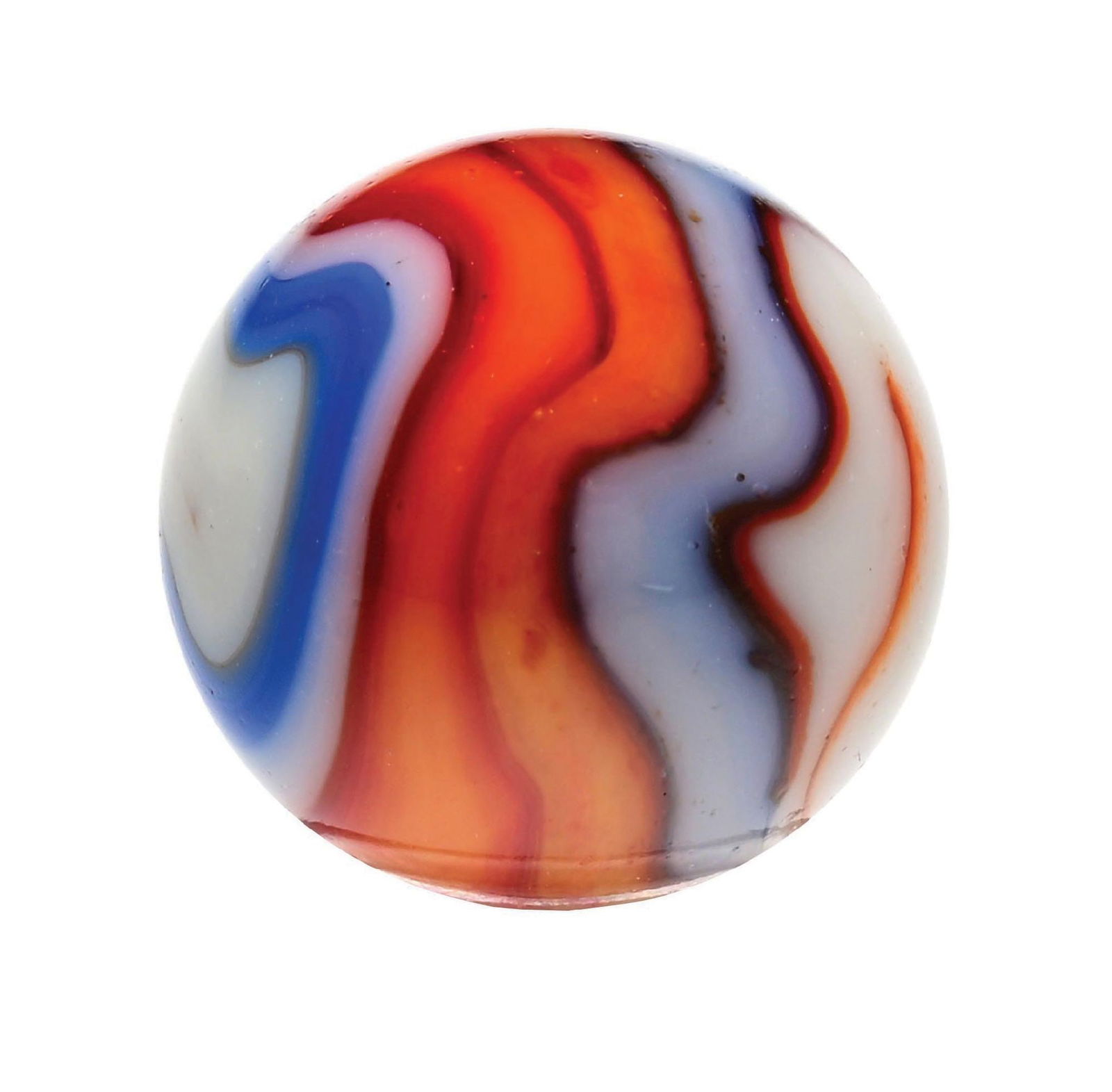 PELTIER LIBERTY SWIRL MARBLE: 51/64" diam. White base with great swirl pattern of red and blue. Condition: (9.6). Dimensions: 3/4" Dia.