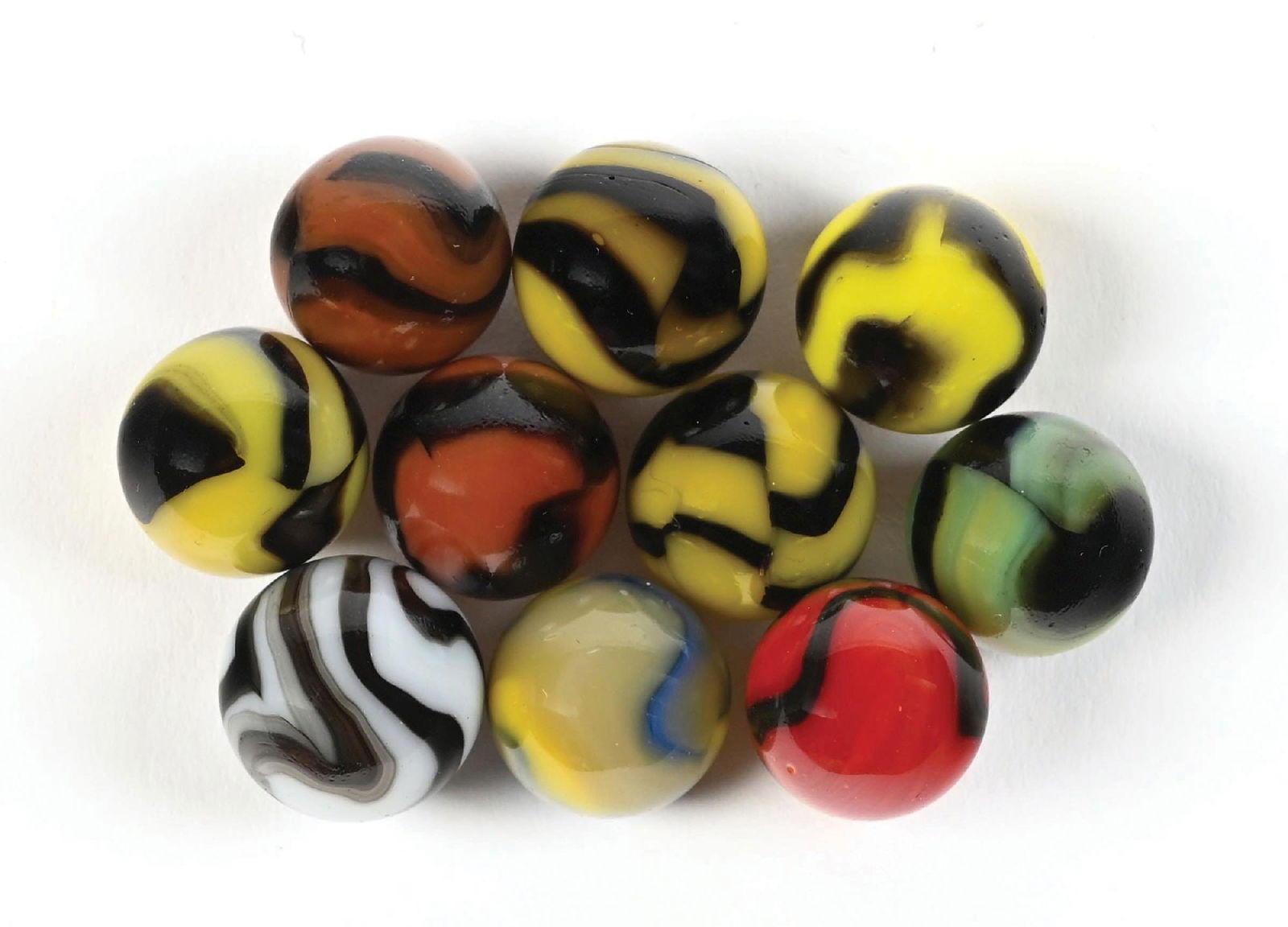 LOT OF 11: PELTIER MARBLES: 41/64" - 45/64" diam. Lot includes four Yellow Bees, two Brown Cows, a Zebra, a Wasp with aventurine, and a Blue Angel. Includes one rare Green Lantern, green with yellow and black aventurine, with