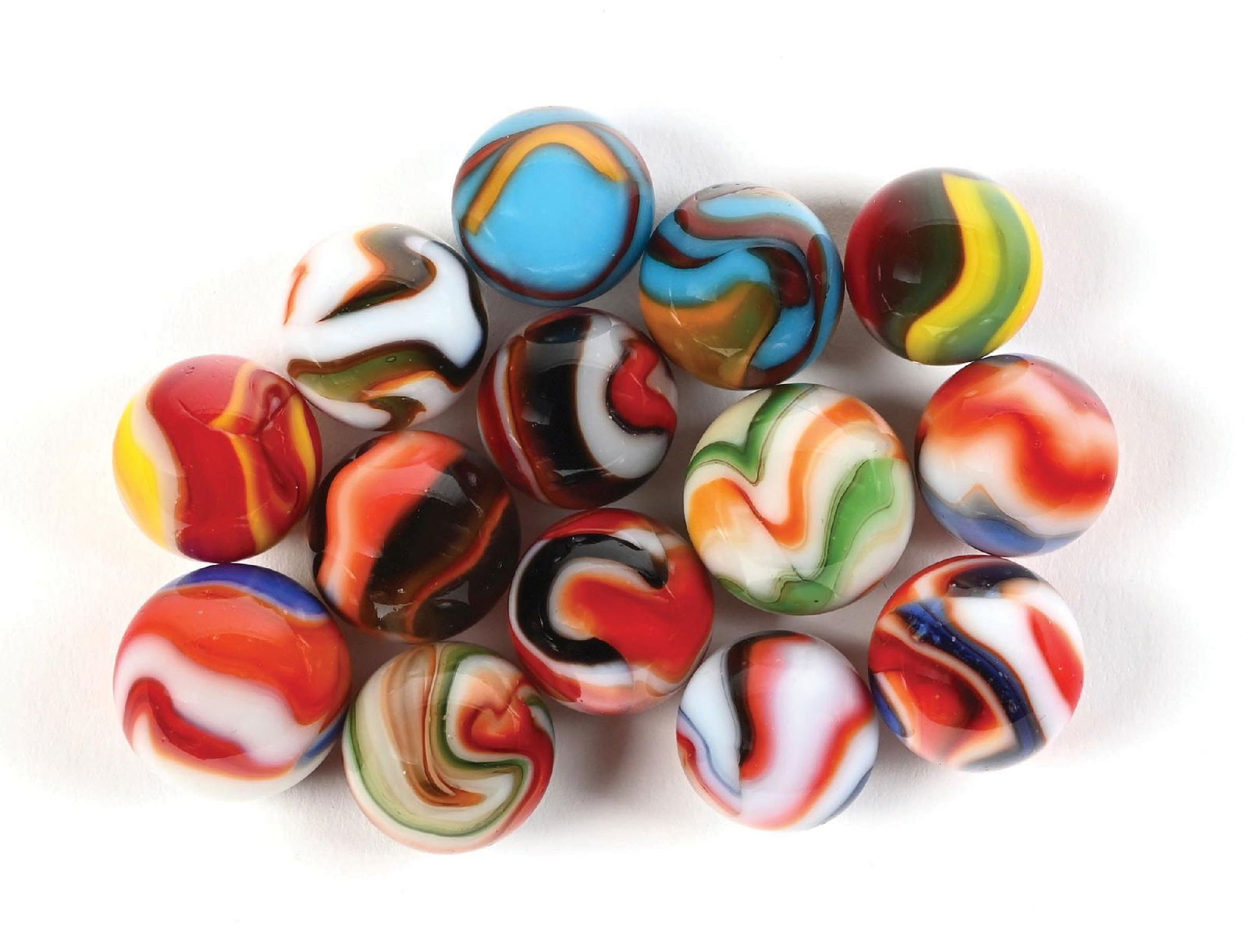 LOT OF 14: PELTIER MARBLES: 21/32" - 49/64" diam. Lot includes three Christmas Trees, one clear with orange and white ribbons, two Rebels, three Superman, one Ketchup and Mustard, and four Liberties. The largest Liberty has a