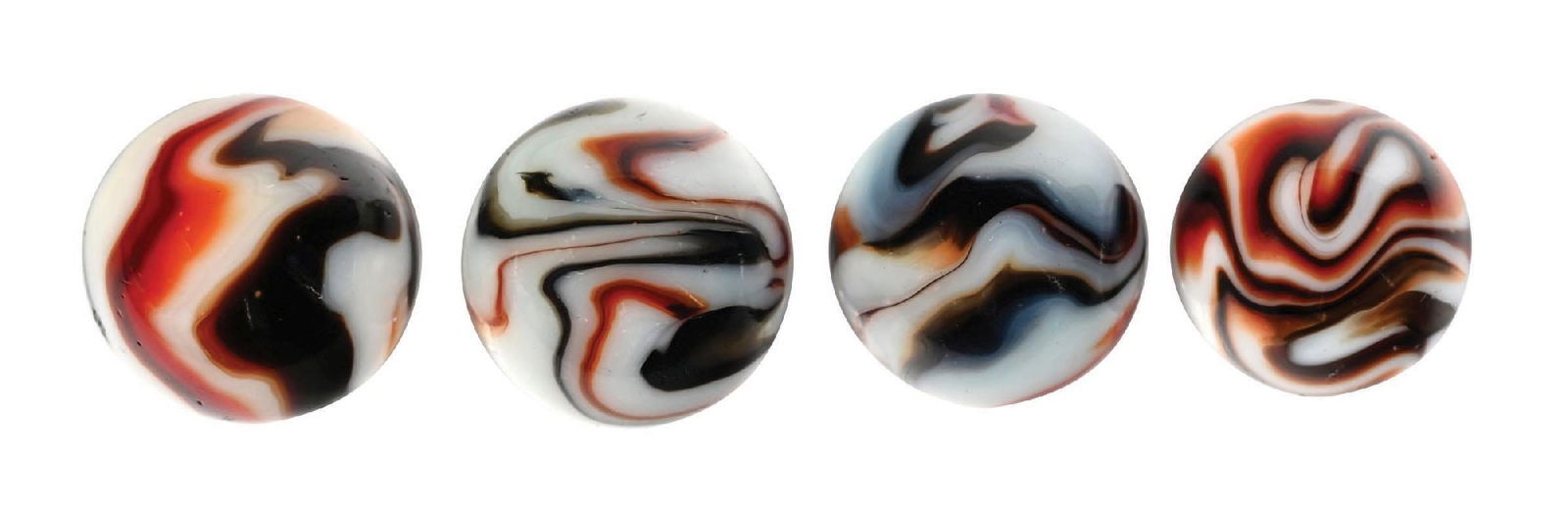 LOT OF 4: PELTIER REBEL MARBLES: 11/16" - 3/4" diam. All white base with black and red, showing no aventurine. A few have slight chips. Condition: (8.7 - 9.3). Dimensions: Largest: 3/4" Dia.
