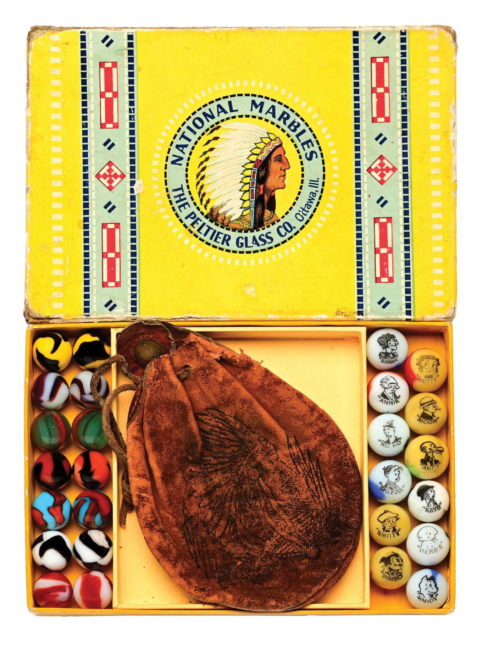 RARE PELTIER INDIAN BOX SET NO. 228: 5/8" - 11/16" diam. Believed to be one of five known boxes. One side has a 12-count set of Comics and the other side 12 two-color NLR. Box shows two front corner tears and edge wear. Indian head leath