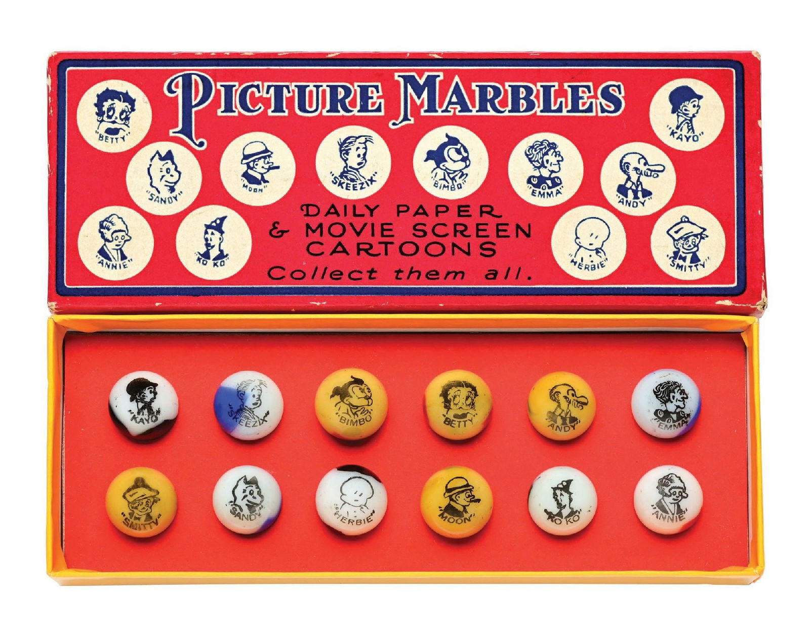 PELTIER ORIGINAL RED BOX OF COMIC MARBLES: 11/16" diam. Nice set. Box top shows slight edgewear. Marbles: (9.6 Average). Box: (Excellent). Condition: Dimensions: Box: 6 - 3/4" x 2 - 1/2" x 7/8".
