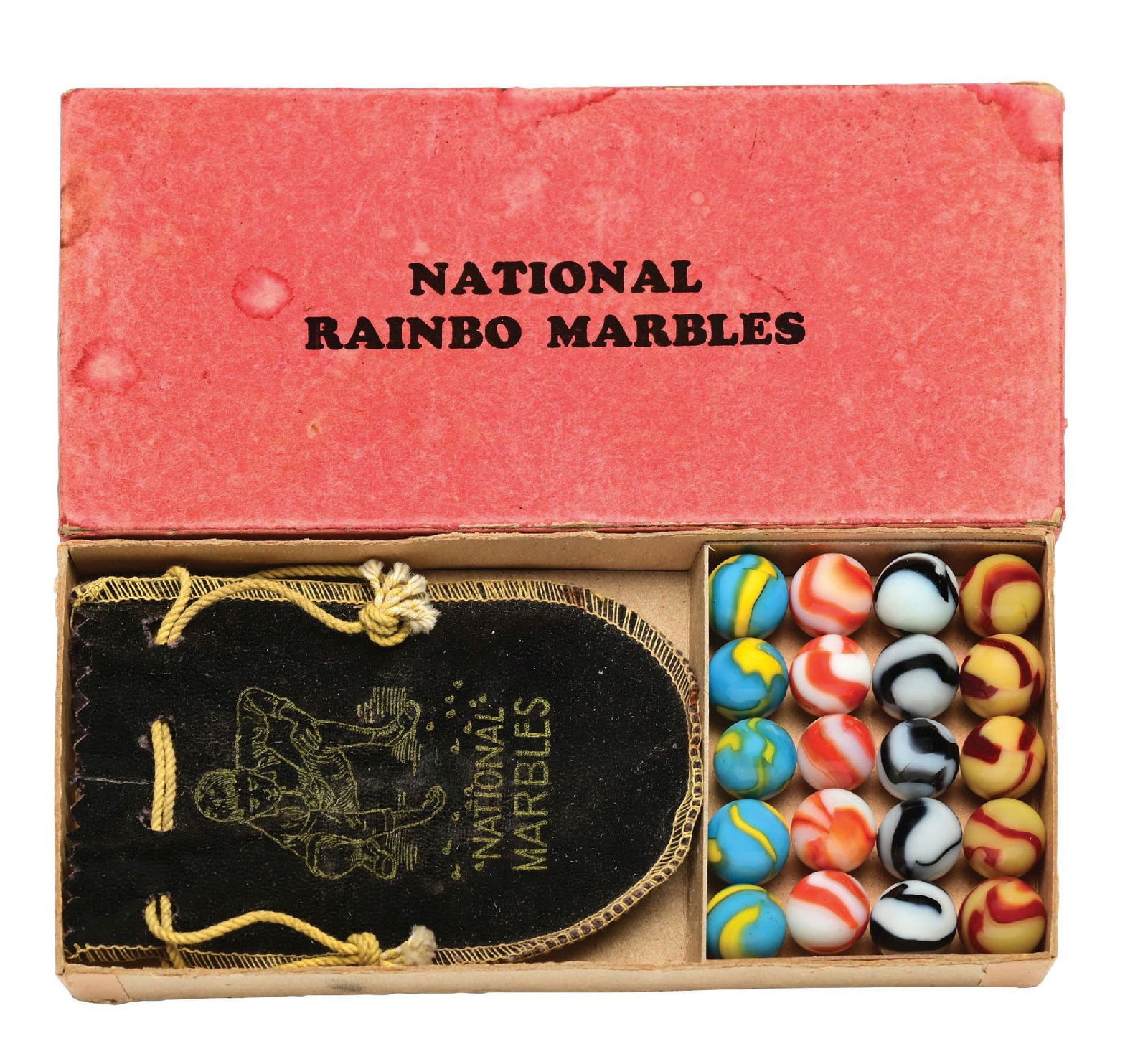 PELTIER NO. 220 NATIONAL RAINBO BOX SET: 5/8" diam. Box has original bag with 20-count marbles. Box includes one tow each of Cub Scouts, Red Zebras, Zebras, and Red Bees. Box shows staining and one tear on top edge. Marbles: (9.5 Average). B