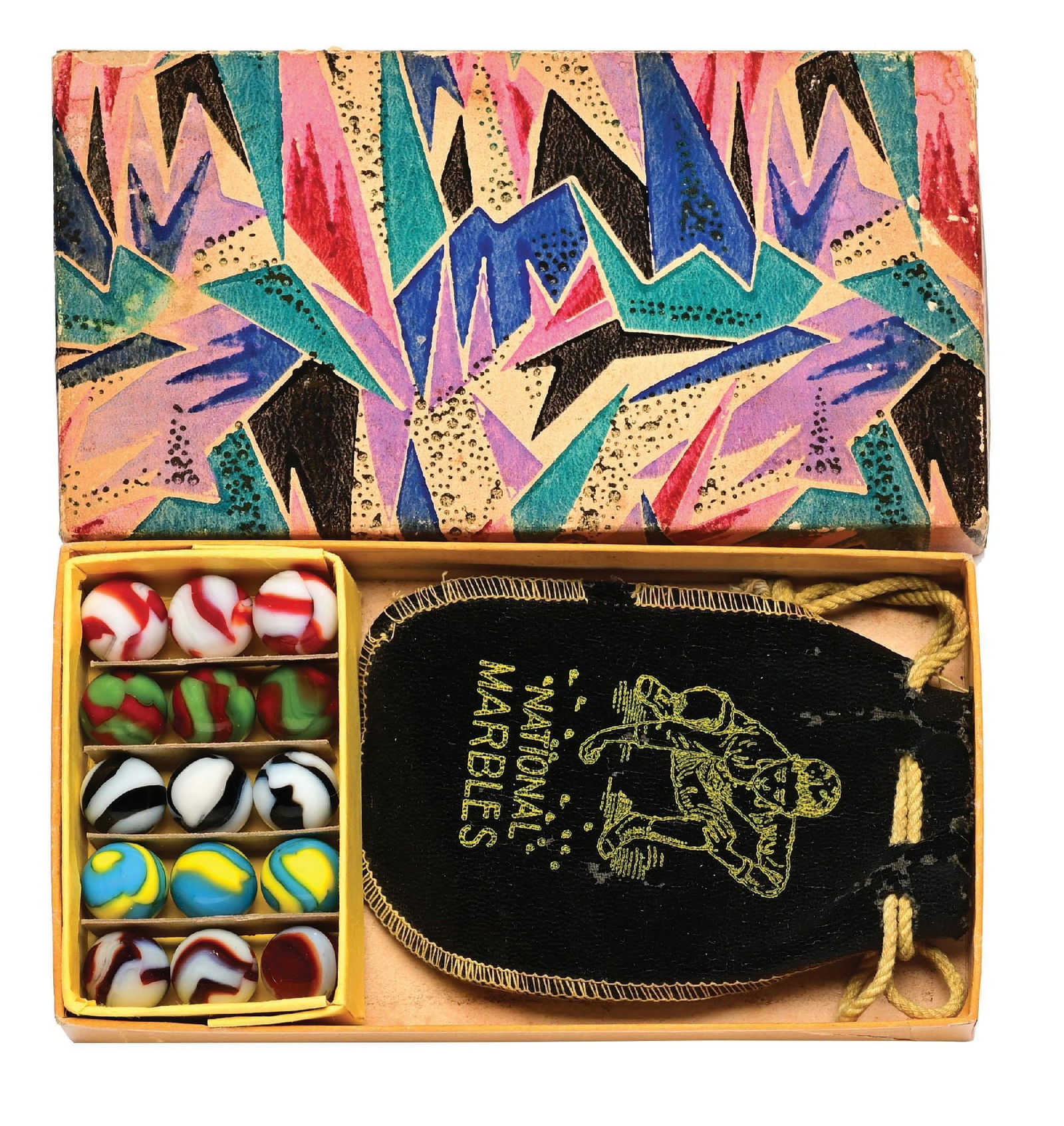 PELTIER STAIN GLASS BOX WITH 15-COUNT RAINBOS: 5/8" diam. Box includes bag and 15 two-color Rainbos. Marbles: (9.5 Average). Box: (Excellent). Condition: Dimensions: Box: 6 - 3/4" x 3 - 5/8" x 1".