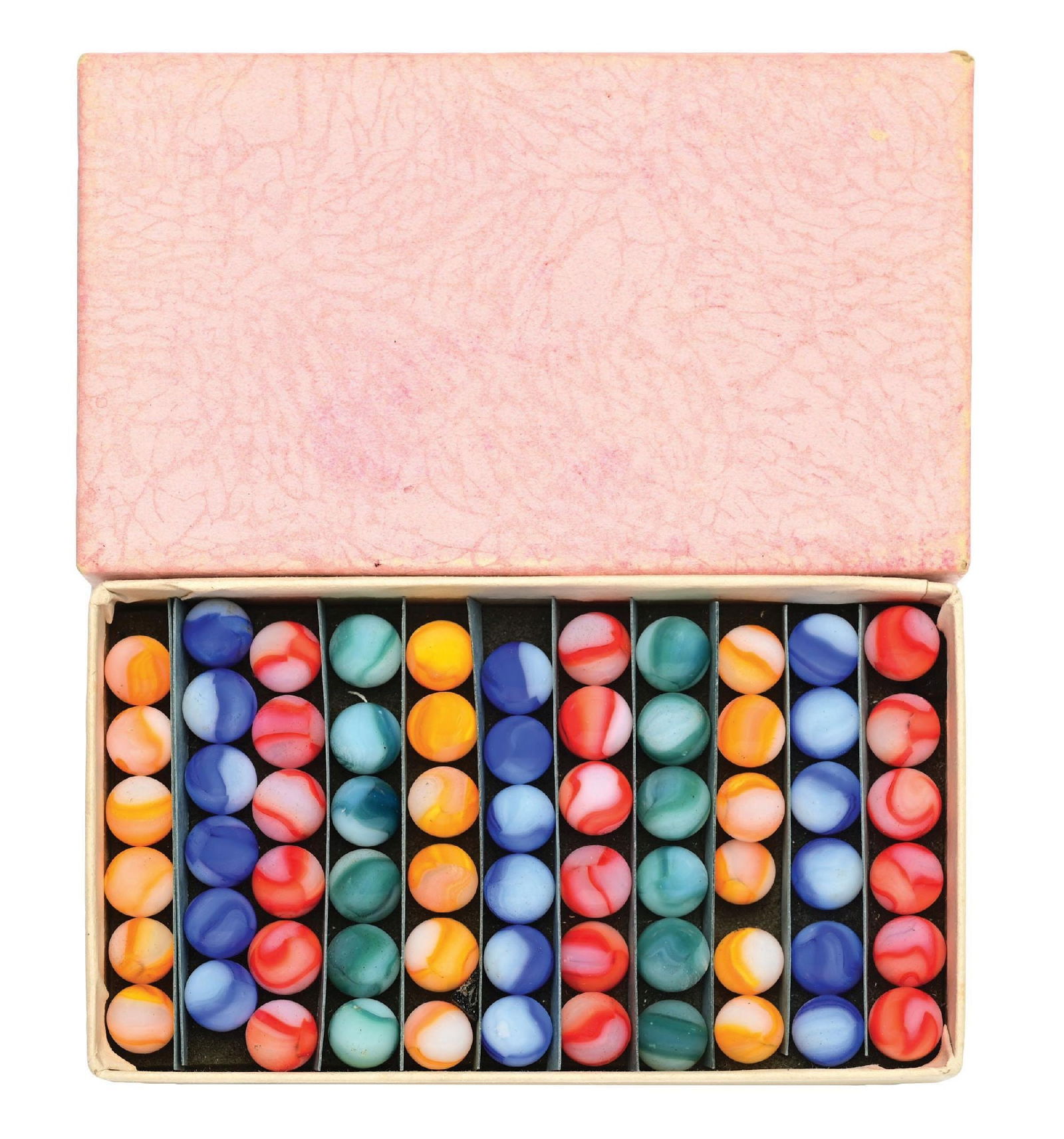 66 COUNT JOBBER PEWEE BOX SET: All under 1/2" diam. Box contains all white base Rainbos with same color in each row. Marbles: (9.5 Average). Box: (Excellent). Condition: Dimensions: Box: 4 - 7/8" x 2 - 7/8" x 3/4".