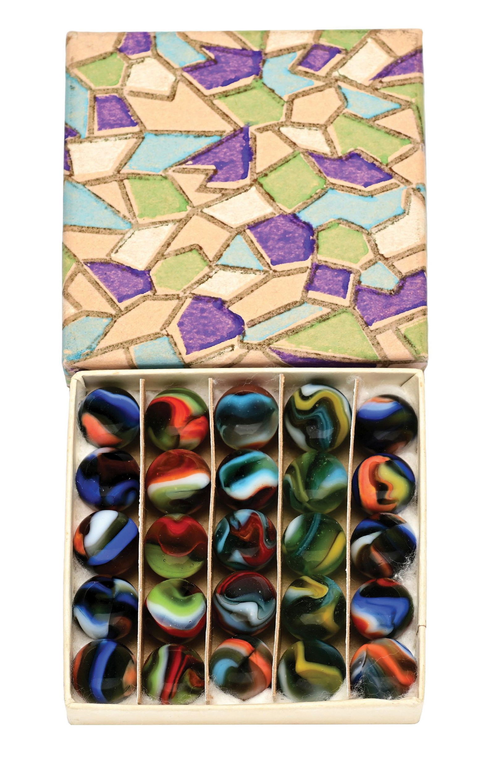 PELTIER 20-COUNT PURPLE STAIN GLASS BOX SET: 5/8" diam. Box contains 20 transparent NLR. Marbles: (9.5 Average). Box: (Pristine). Condition: Dimensions: Box: 3 - 1/2" x 3 - 1/2" x 3/4".