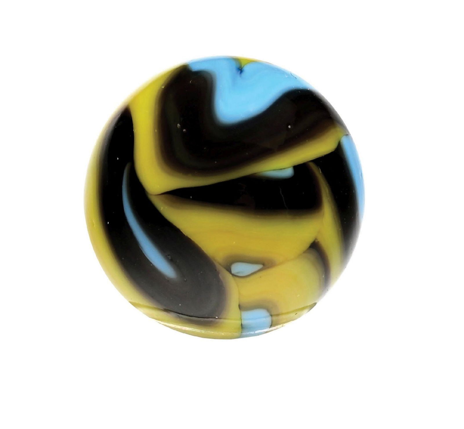 CHRISTENSEN AGATE TRICOLOR FLAME/SWIRL: 3/4" diam. Baby blue base with yellow and black swirls, as well as some flame tips. Surface shows no damage, but slight internal fracture along one yellow band. Condition: (9.2). Dimensions: 3/4" Dia.