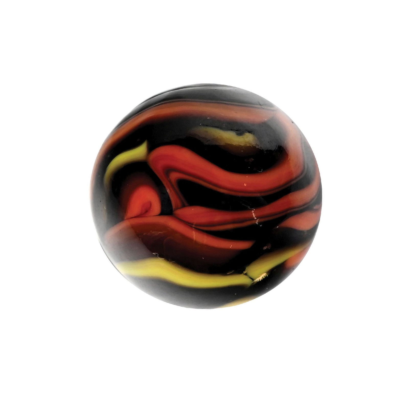 CHRISTENSEN AGATE FLAME MARBLE: 3/4" diam. Black base with salmon and yellow. Surface shows as-made cold roll mark and indentation. Condition: (9.2). Dimensions: 3/4" Dia.