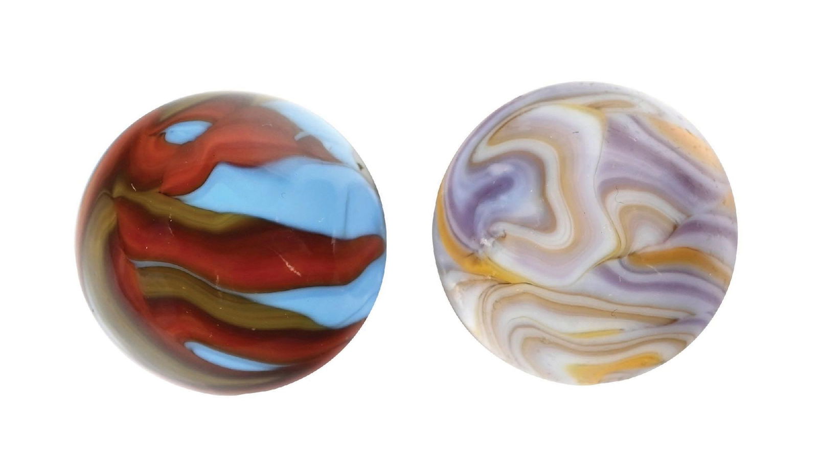 LOT OF 2: CHRISTENSEN AGATE FLAME MARBLES: Both 3/4" diam. (A) Yellow base with lavender and white swirl flame pattern. (8.9) (B) Blue base with salmon and tan flame swirl pattern. (9.5) Condition: Dimensions: Each: 3/4" Dia.