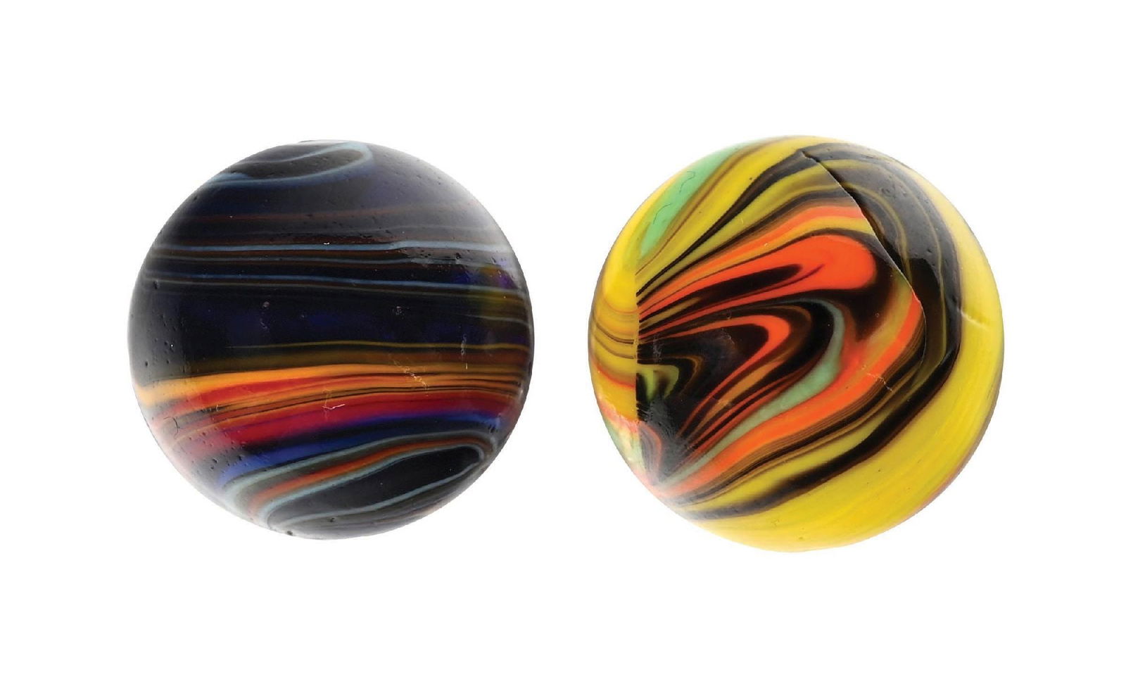 LOT OF 2: CHRISTENSEN AGATE MARBLES: 43/64" - 11/16" diam. (A) The smaller is a striped transparent with a cobalt base with striping colors of baby blue, orange, and red. (B) The larger is a striped opaque with yellow base, with black,