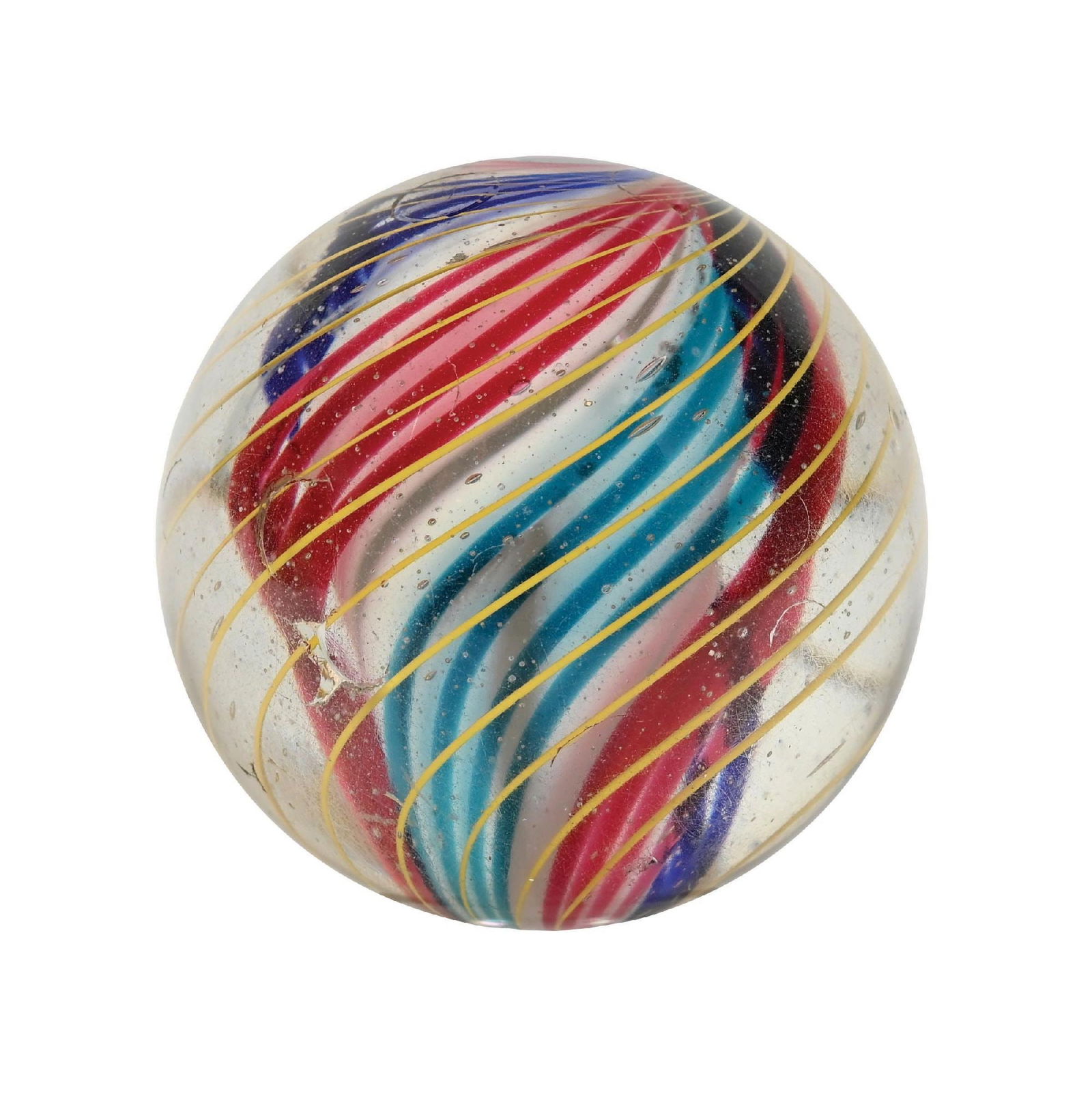 LARGE SOLID CORE SWIRL MARBLE: Three-stage marble with a white core surrounded by red, turquoise, and blue bands. Outer bands are caged latticino. This marble is polished, with some damage still showing. Condition: (Polished).