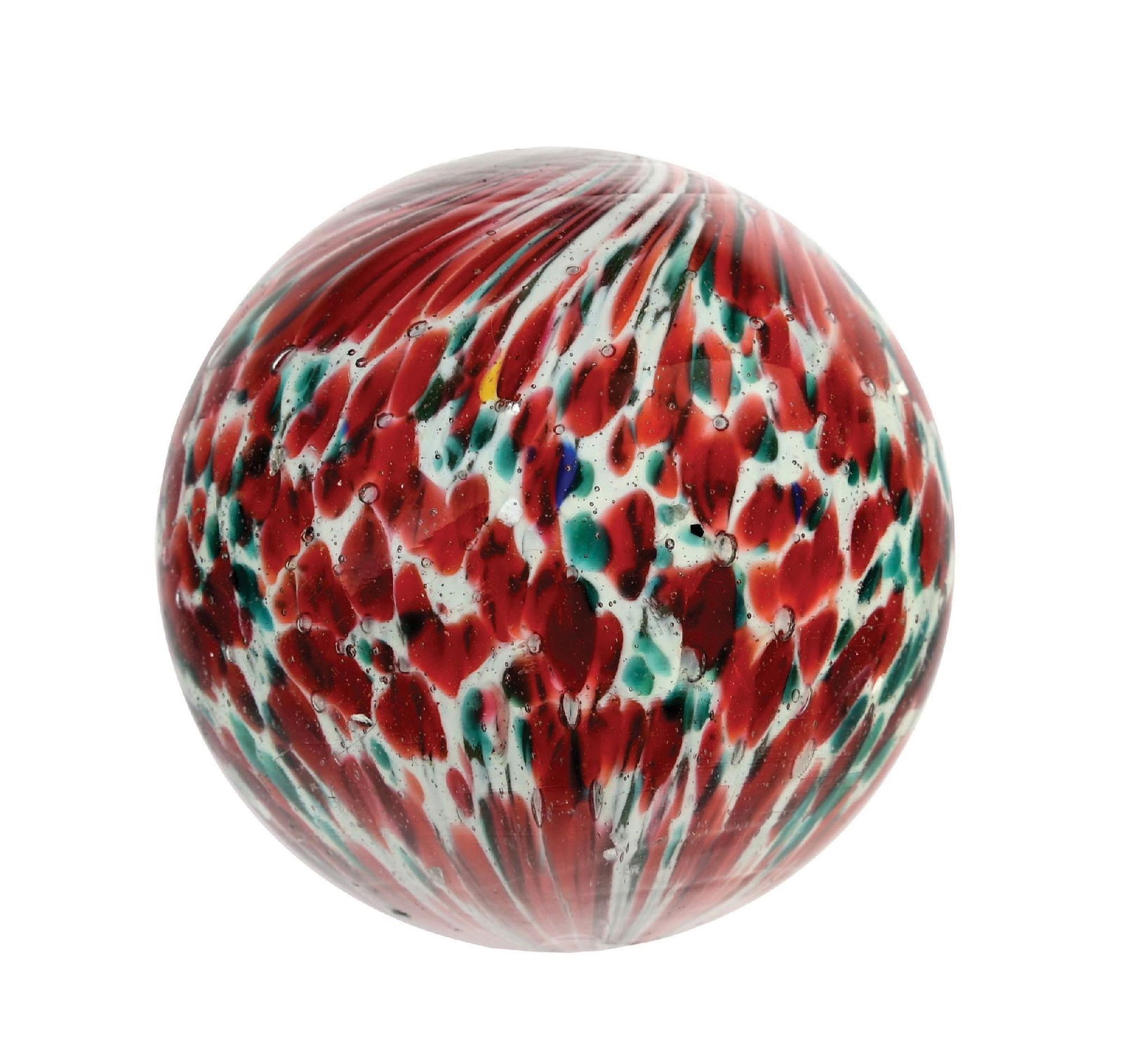 LARGE CLOWN ONIONSKIN MARBLE W/ MICA: 1-15/16" diam. White base onionskin with great spotting of red and green with mica. Faceted pontil and great condition. Condition: (9.6). Dimensions: 1 - 7/8" Dia.