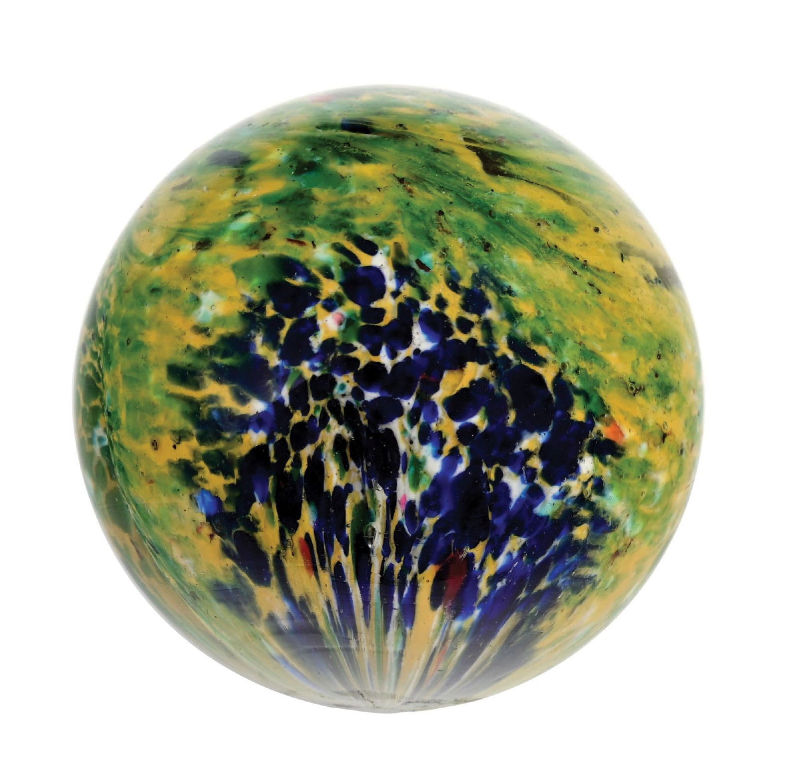 RARE SINGLE-PONTIL 4-LOBED END OF DAY: 2-25/64" diam. White base single-pontil four-lobed end of day with two short opposing panels of blue, yellow, white and green, with the rest of the marble yellow and green with some white. Rare