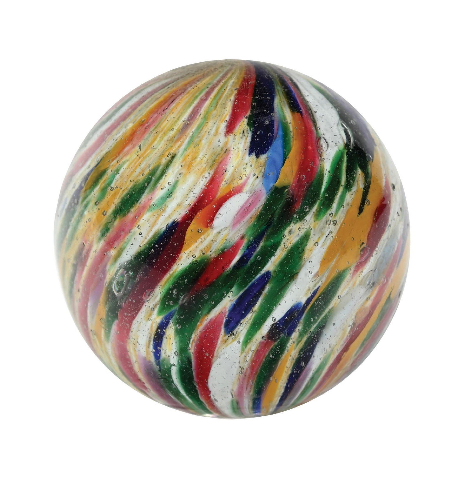 LARGE ONIONSKIN MARBLE: 2-1/8" diam. Very colorful onionskin having a white base with nice spotting colors of green, red, yellow, and blue. Surface looks very clean, except for one chip near faceted pontil, which could be