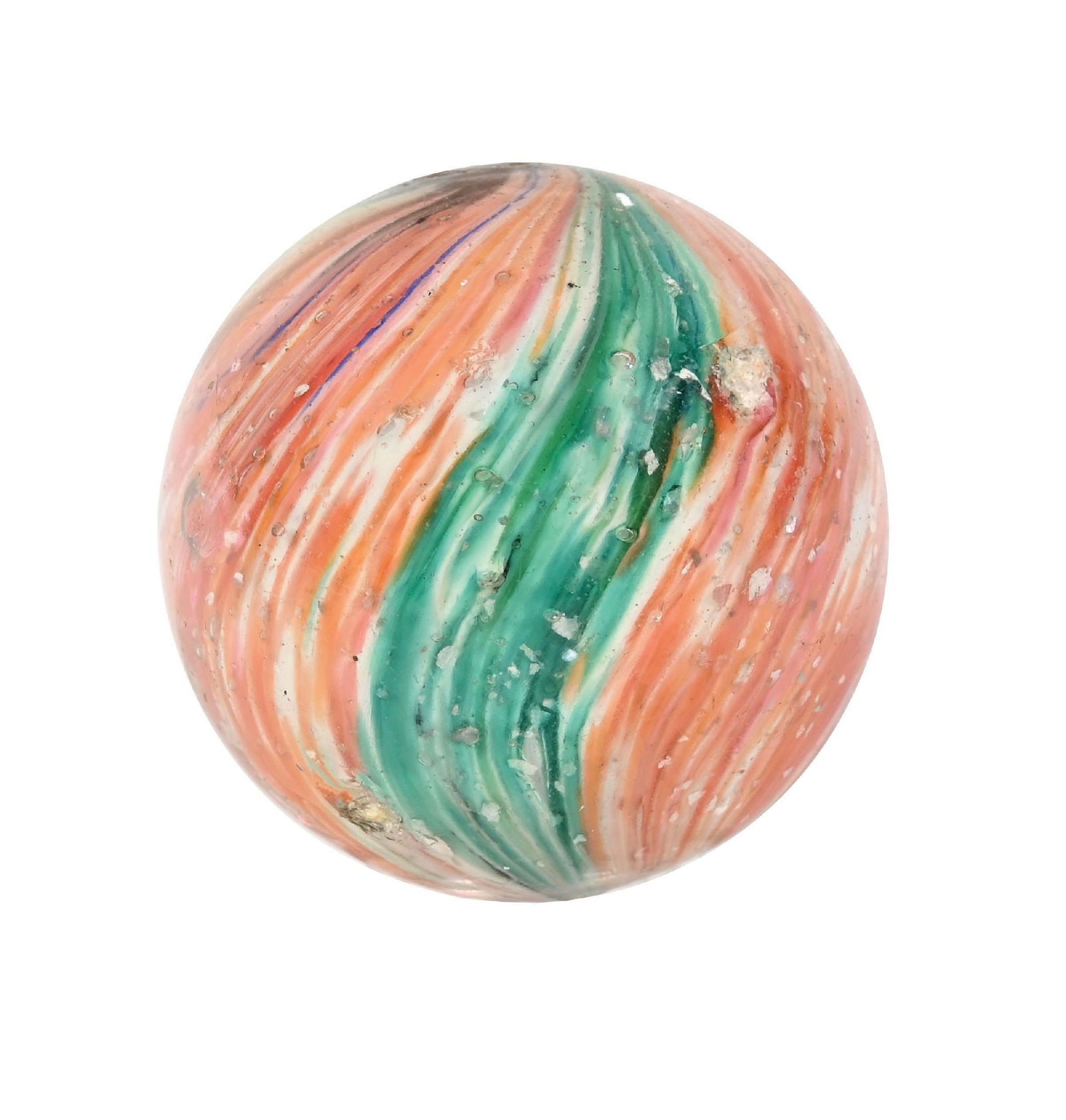 LARGE 4-PANEL ONIONSKIN W/ MICA: 1-35/64" diam. Two opposing panels of pink and white and two opposing panels of green and white. mica throughout. Early faceted pontil. Surface shows one shallow chip and slight subsurface