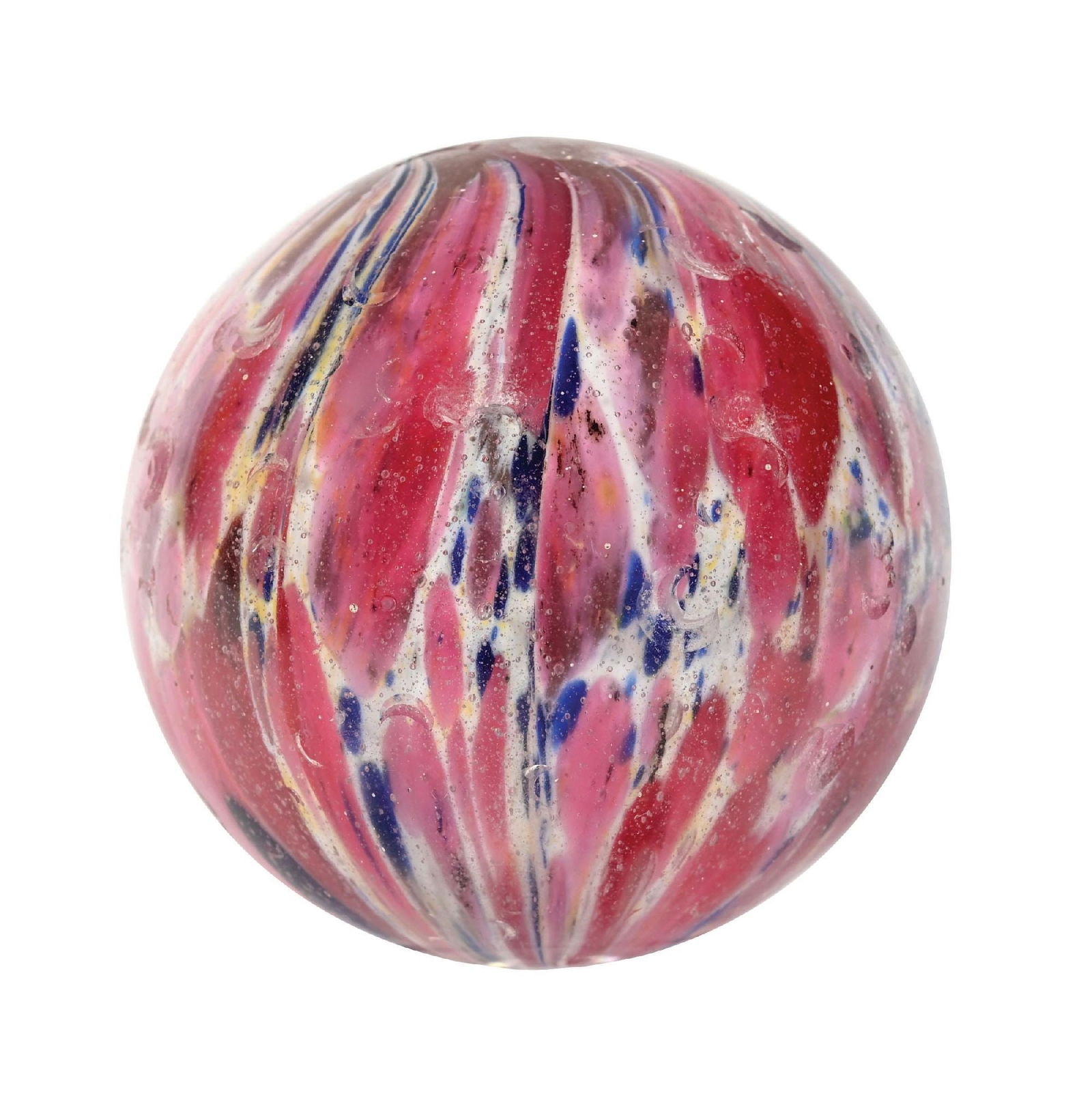 LARGE 8-LOBED ONIONSKIN MARBLE: 2-11/32" diam. White base with spotting of pink, blue, and some yellow. This marble has been polished, with damage still showing. Condition: (Polished). Dimensions: 2 - 1/2" Dia.