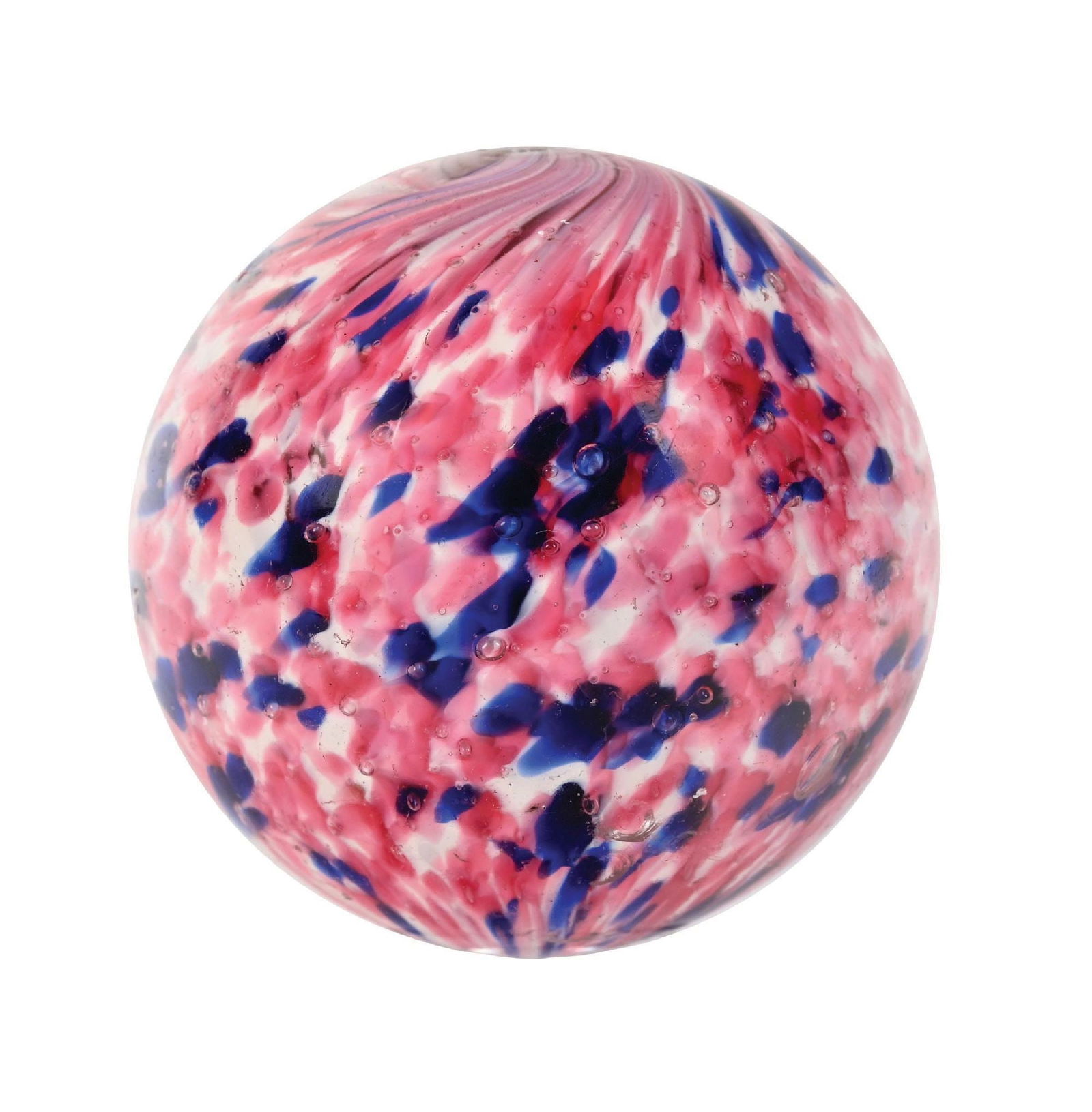 LARGE ONIONSKIN MARBLE: 2-25/64" diam. White base onion with spotting colors of pink and blue and has small flakes of mica. Early faceted pontil. This marble has been buffed with minor damage showing. Condition: (Polished).