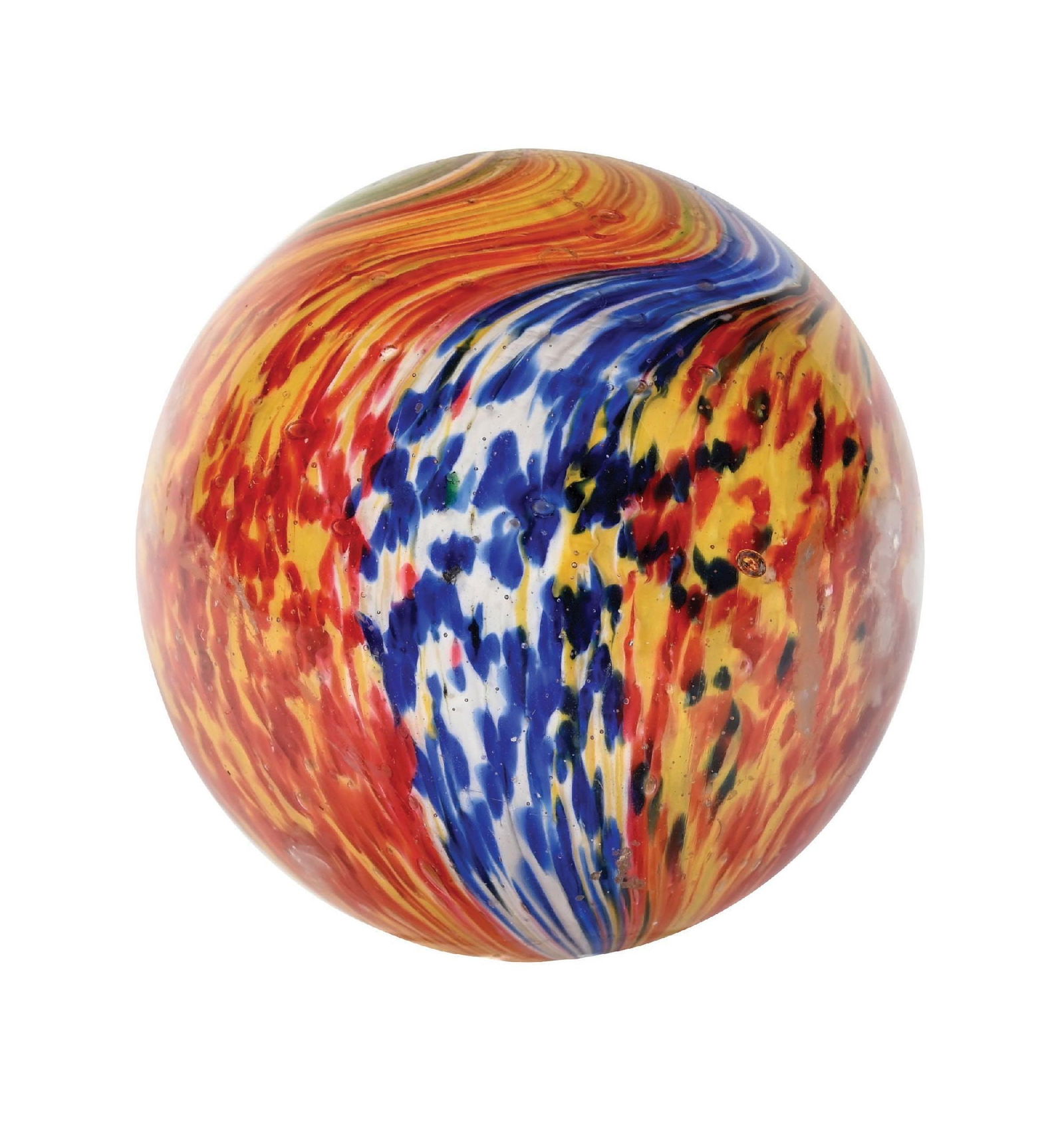 LARGE 5-PANEL ONIONSKIN MARBLE: 2-11/64" diam. Two opposing panels of yellow and red, one panel of blue and white, opposing one panel of green and white and pink and white. This marble has been polished, with minor damage showing.