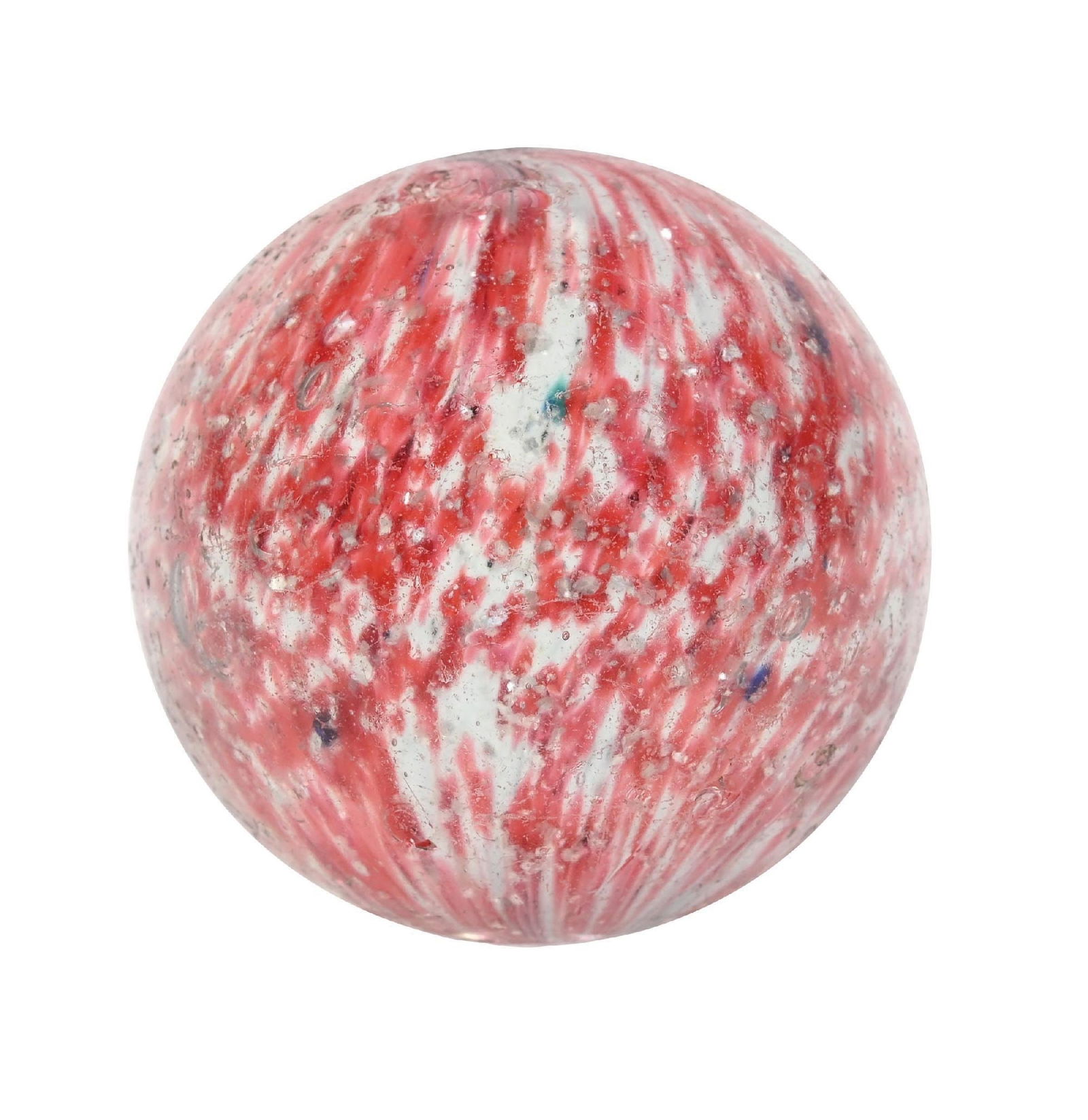 LARGE ONIONSKIN W/ MICA MARBLE: 2-1/32" diam. White base with nice spotting of pink, loaded with mica. The surface shows several shallow chips. A pretty marble with well-faceted pontil. Condition: (8.7). Dimensions: 2" Dia.