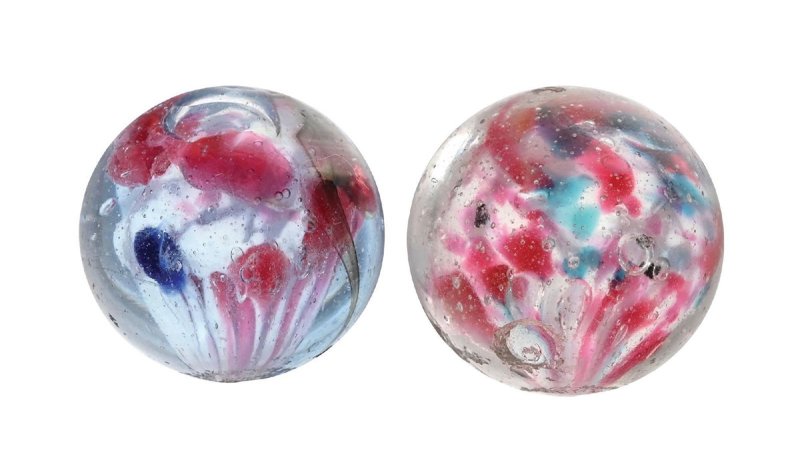 LOT OF 2: SINGLE PONTIL END OF DAY MARBLES: Both 13/16" diam. (A) White base with red and turquoise. This marble shows several chips. (B) White base with red and blue. This marble is in great condition. Condition: (8.5 - 9.5). Dimensions: