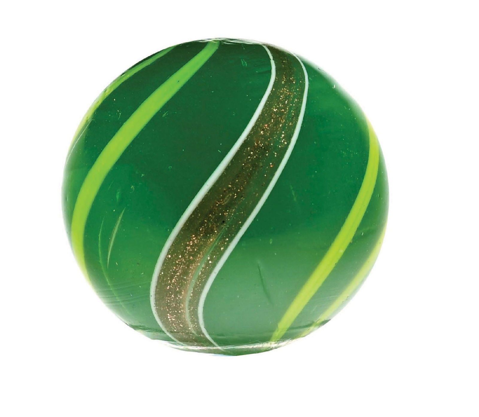 GREEN SEMI-OPAQUE BANDED LUTZ MARBLE: 7/8" diam. Green semi-opaque base with yellow bands. Very well-crafted marble with evenly-spaced bands. Condition: (9.7). Dimensions: 3/4" Dia.