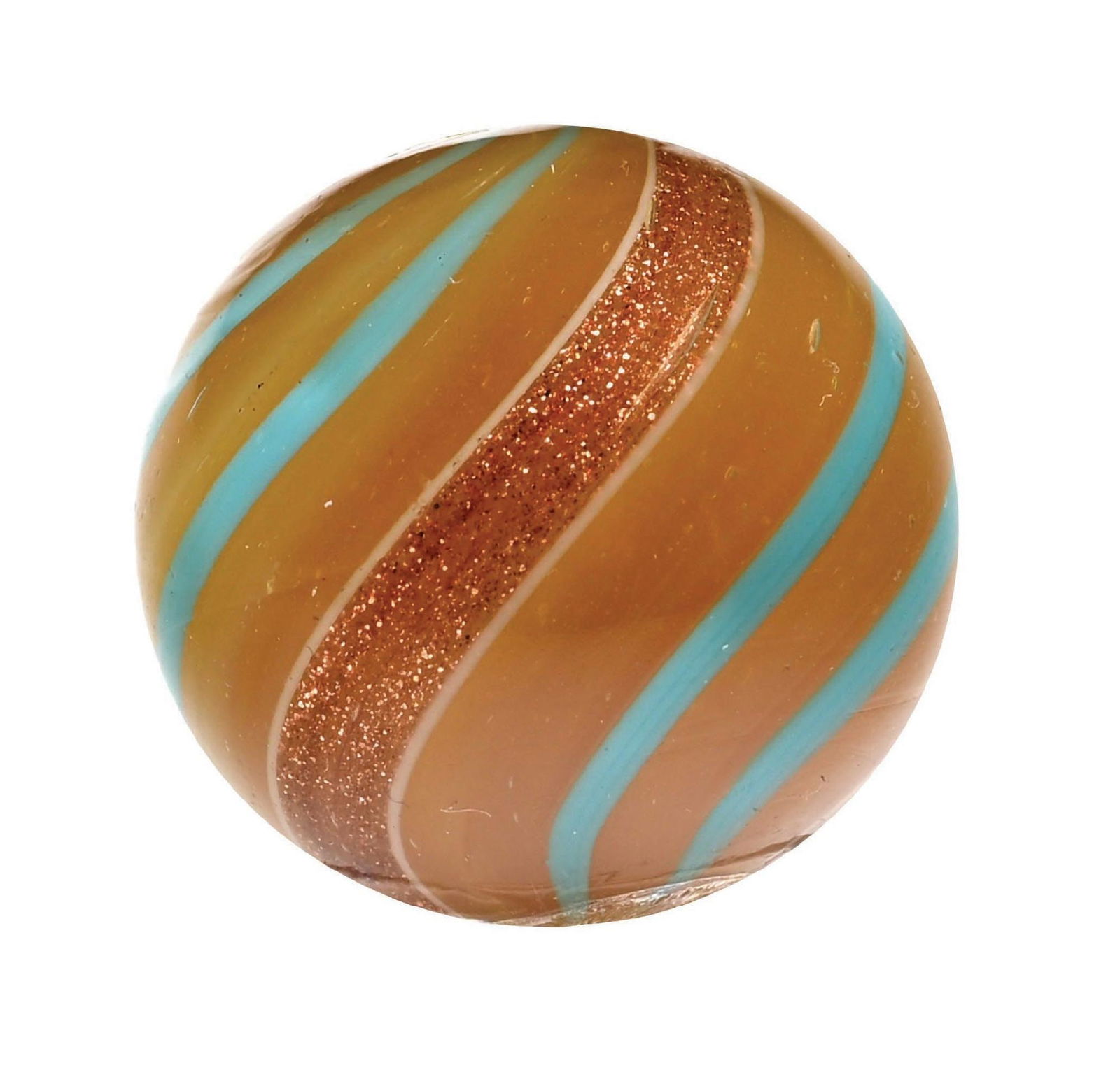 BUTTERSCOTCH SEMI-OPAQUE BANDED LUTZ: 7/8" diam. Butterscotch semi-opaque base with baby blue bands. Condition: (9.8). Dimensions: 3/4" Dia.