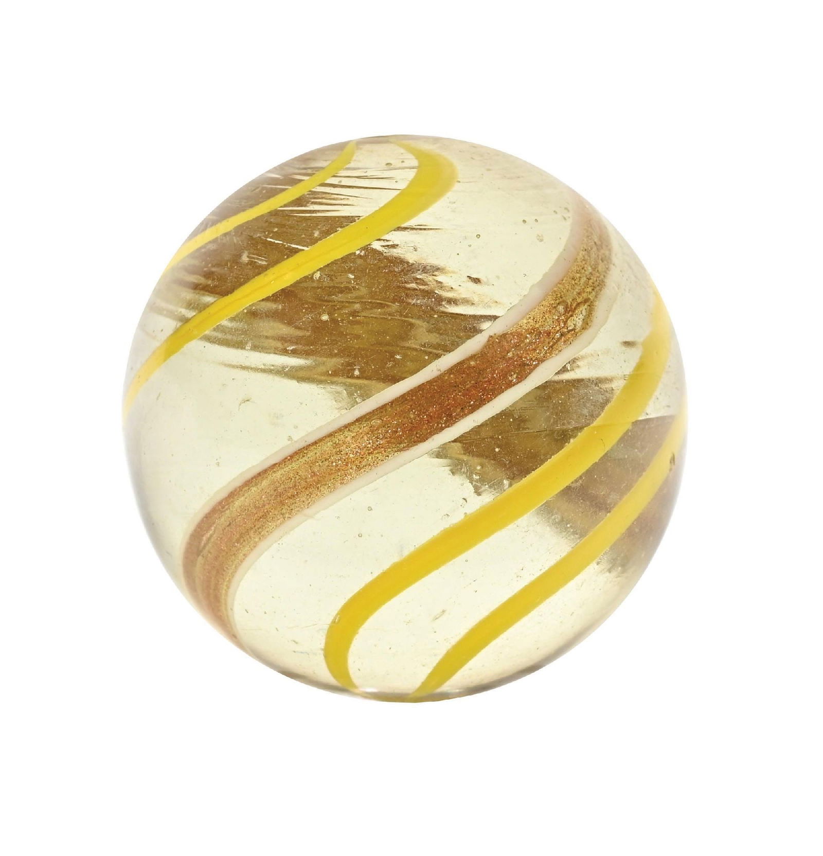LARGE BANDED LUTZ MARBLE: 1-51/64" diam. Clear base with yellow bands and nice lutz bands. Marble surface is very clean. Condition: (9.4). Dimensions: 1 - 3/4" Dia.