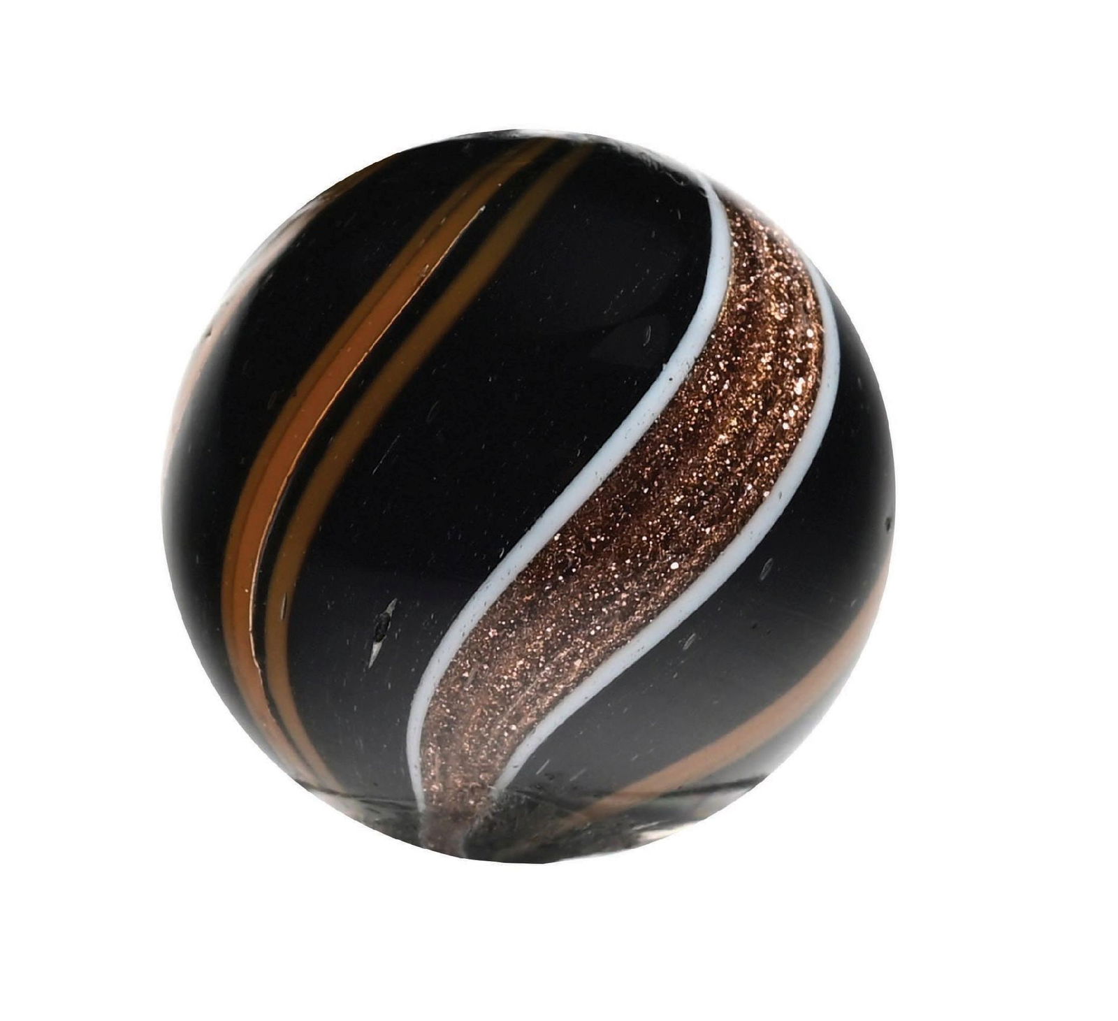 BLACK OPAQUE BANDED LUTZ: 13/16" diam. Hard color combination to find: a black opaque base with brown bands. Condition: (9.8). Dimensions: 3/4" Dia.