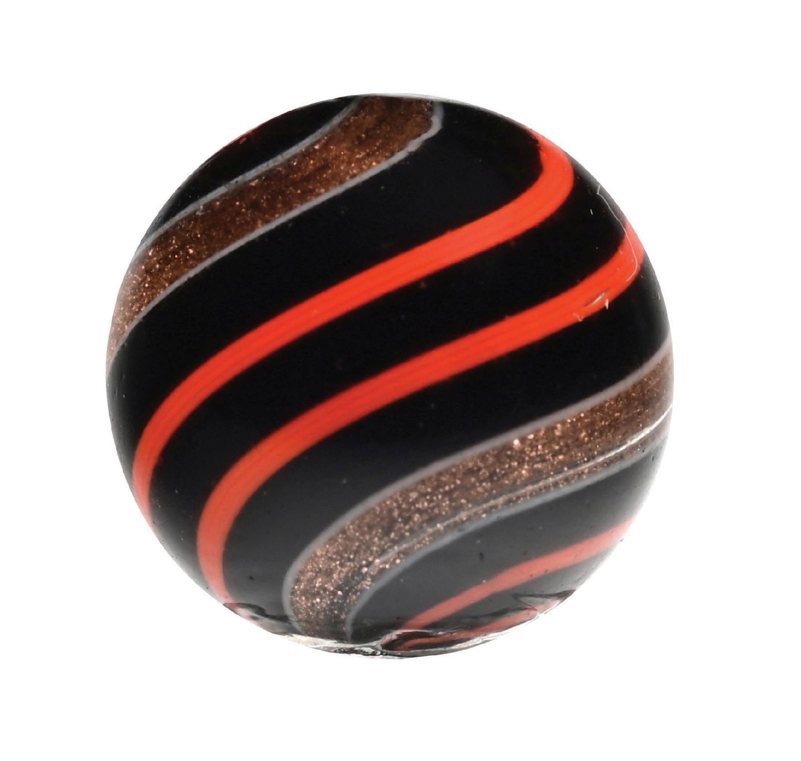 BLACK OPAQUE BANDED LUTZ: 7/8" diam. Black opaque base with orange bands. Condition: (9.8). Dimensions: 7/8" Dia.