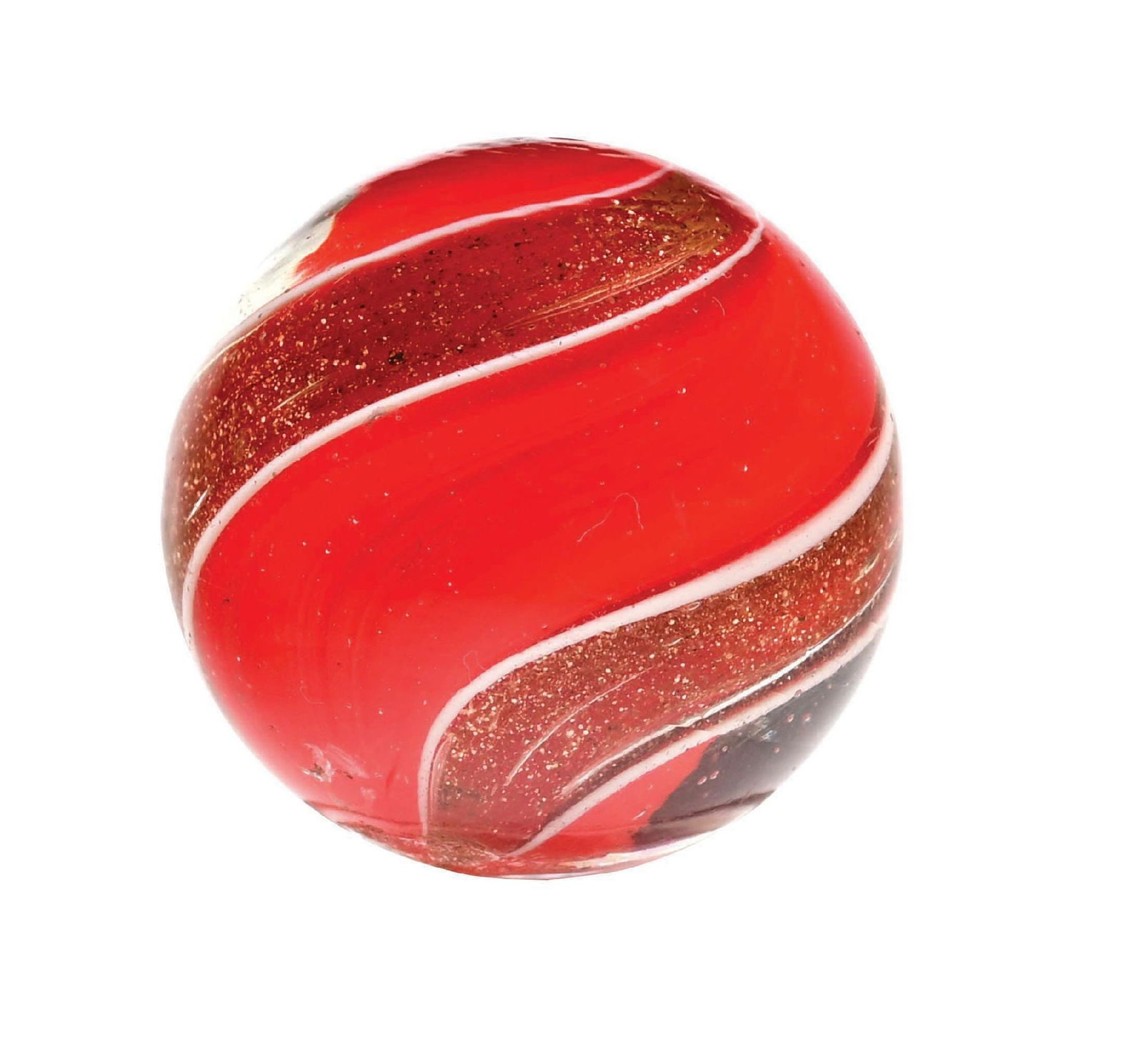 REDDISH-ORANGE RIBBON LUTZ MARBLE: 7/8" diam. All reddish-orange ribbons on both sides with wide Lutz banding. Marble shows small reflection towards bottom pontil, with no damage on surface. Condition: (9.3). Dimensions: 7/8" Dia.