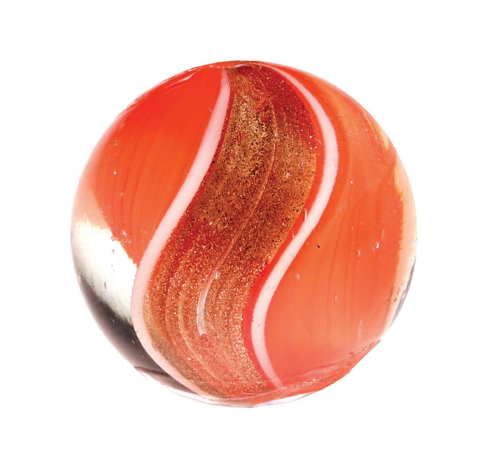 RIBBON GLASS LUTZ SWIRL MARBLE: 13/16" diam. Both sides of ribbon are orange with wide, heavy Lutz banding. Condition: (9.5). Dimensions: 3/4" Dia.