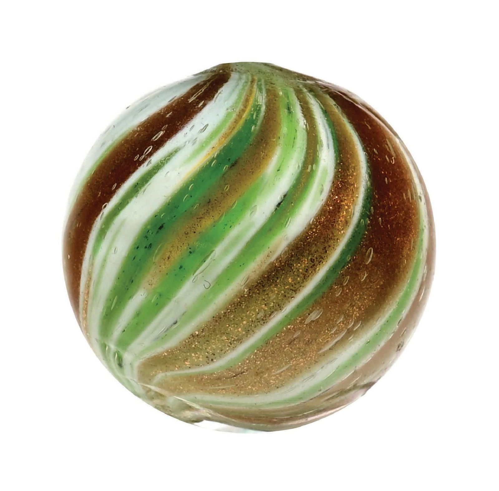 ONIONSKIN LUTZ MARBLE: 25/32" diam. White base with green and loaded with Lutz. Condition: (9.8). Dimensions: 3/4" Dia.