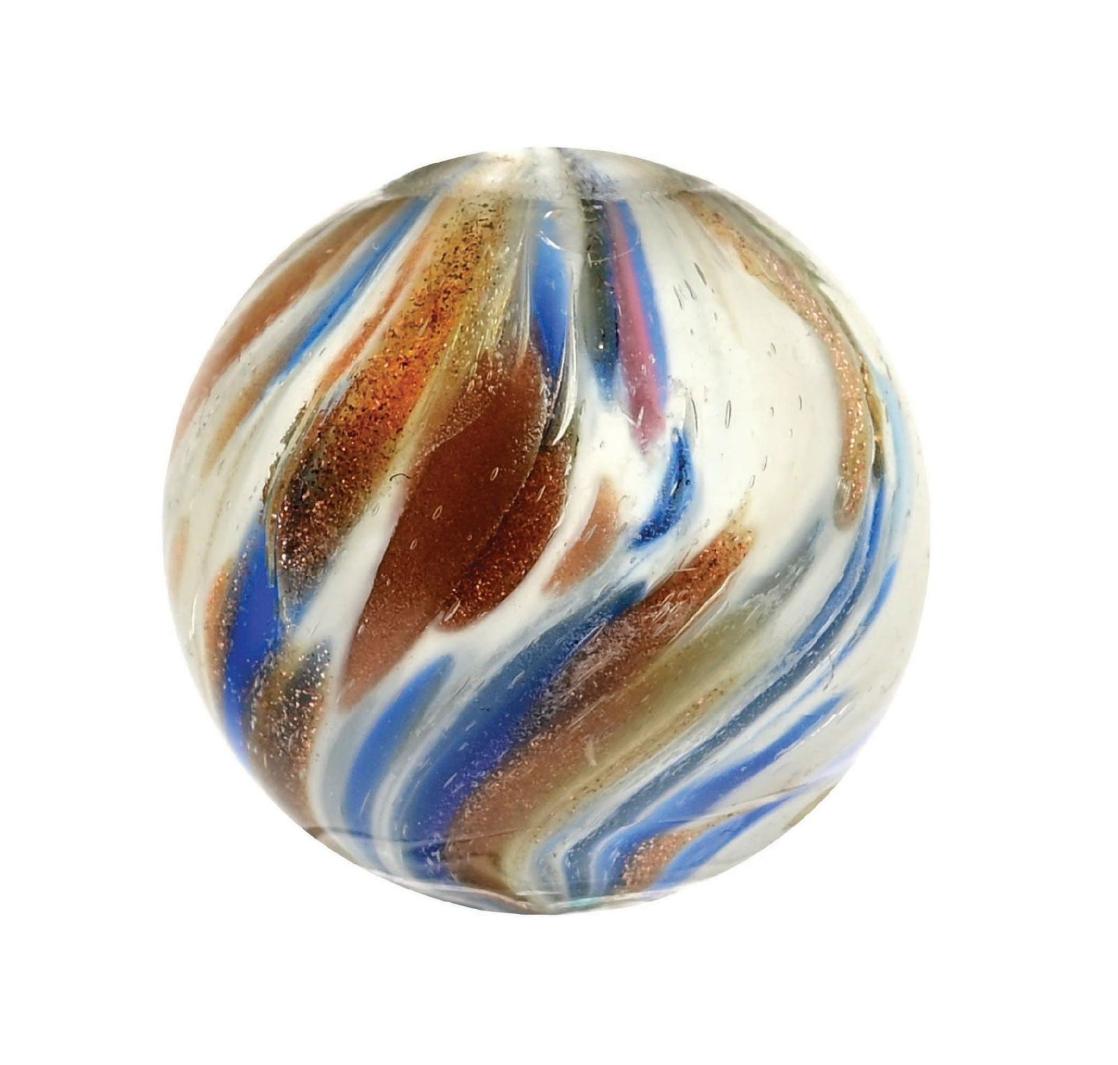 ONIONSKIN LUTZ MARBLE: 51/64" diam. White base with blue and great lutz coverage. Condition: (9.8). Dimensions: 3/4" Dia.