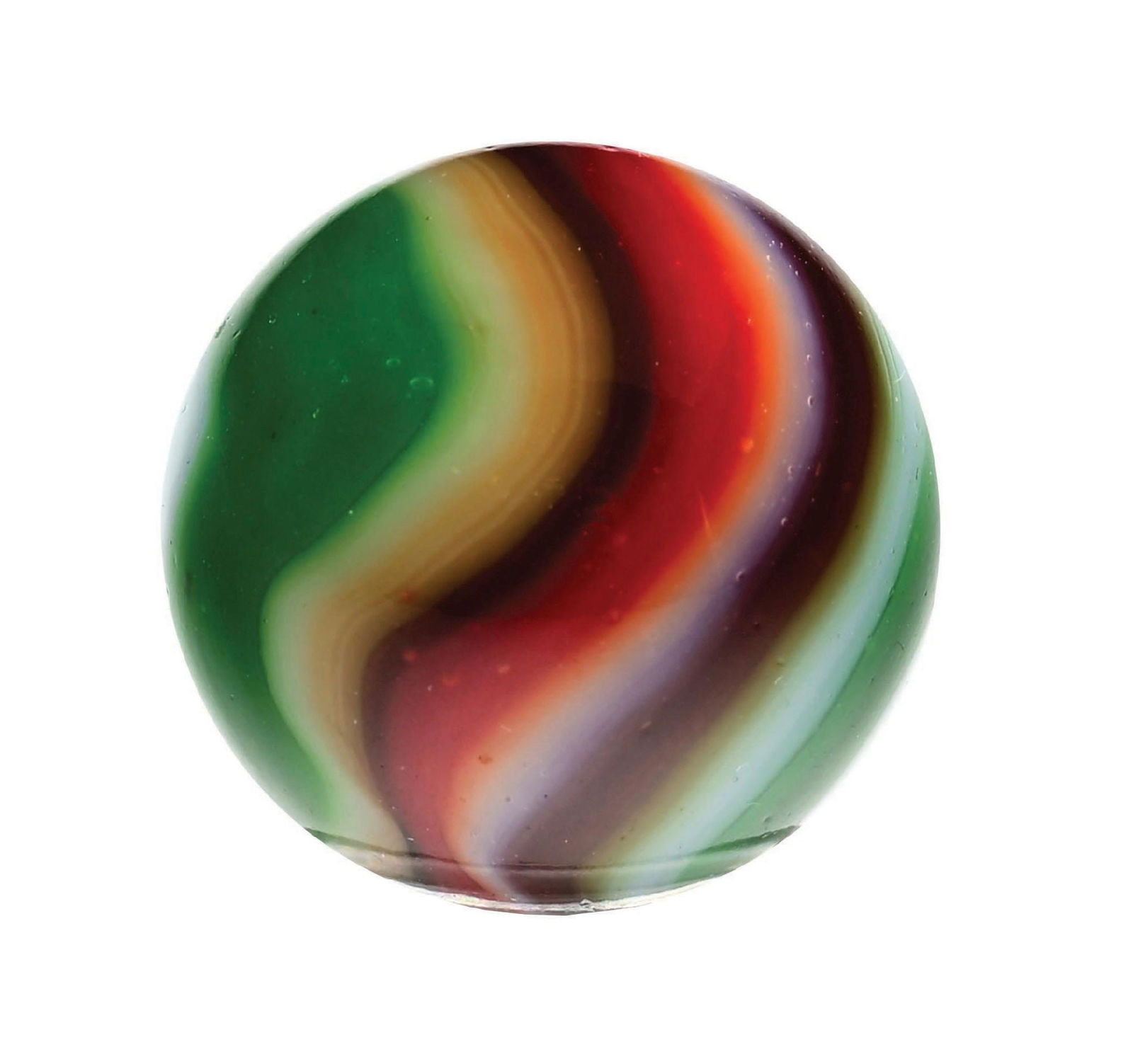 LARGE PELTIER CHRISTMAS TREE MARBLE: 53/64" diam. Outstanding white base with green, red, black, and some tan. Great color coverage. Condition: (9.8). Dimensions: 7/8" Dia.