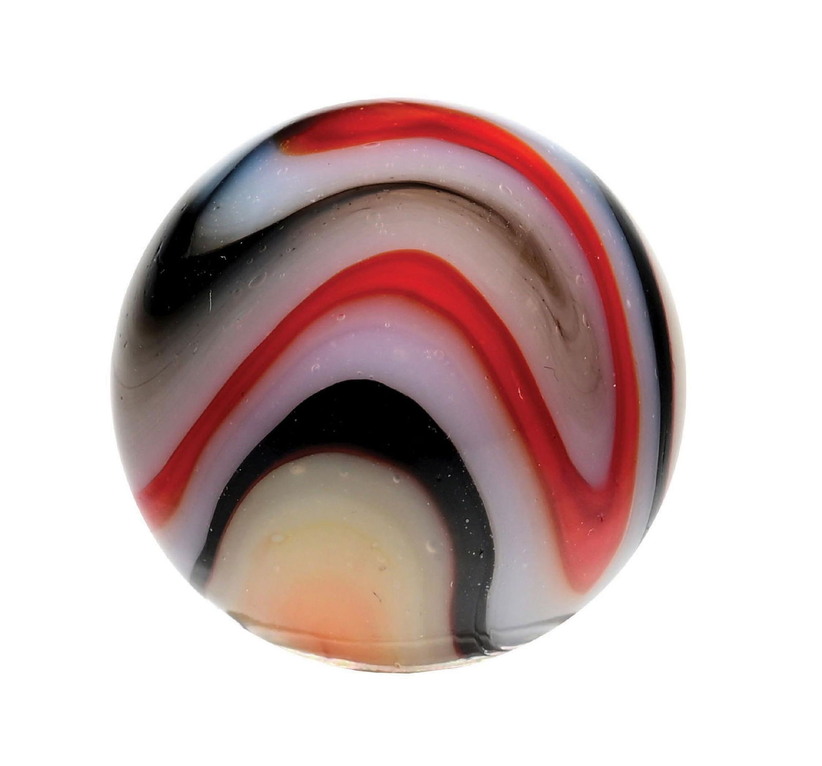 PELTIER REBEL SWIRL MARBLE: 29/32" diam. White base with black aventurine and red. Great pattern of swirl. Condition: (9.8). Dimensions: 7/8" Dia.