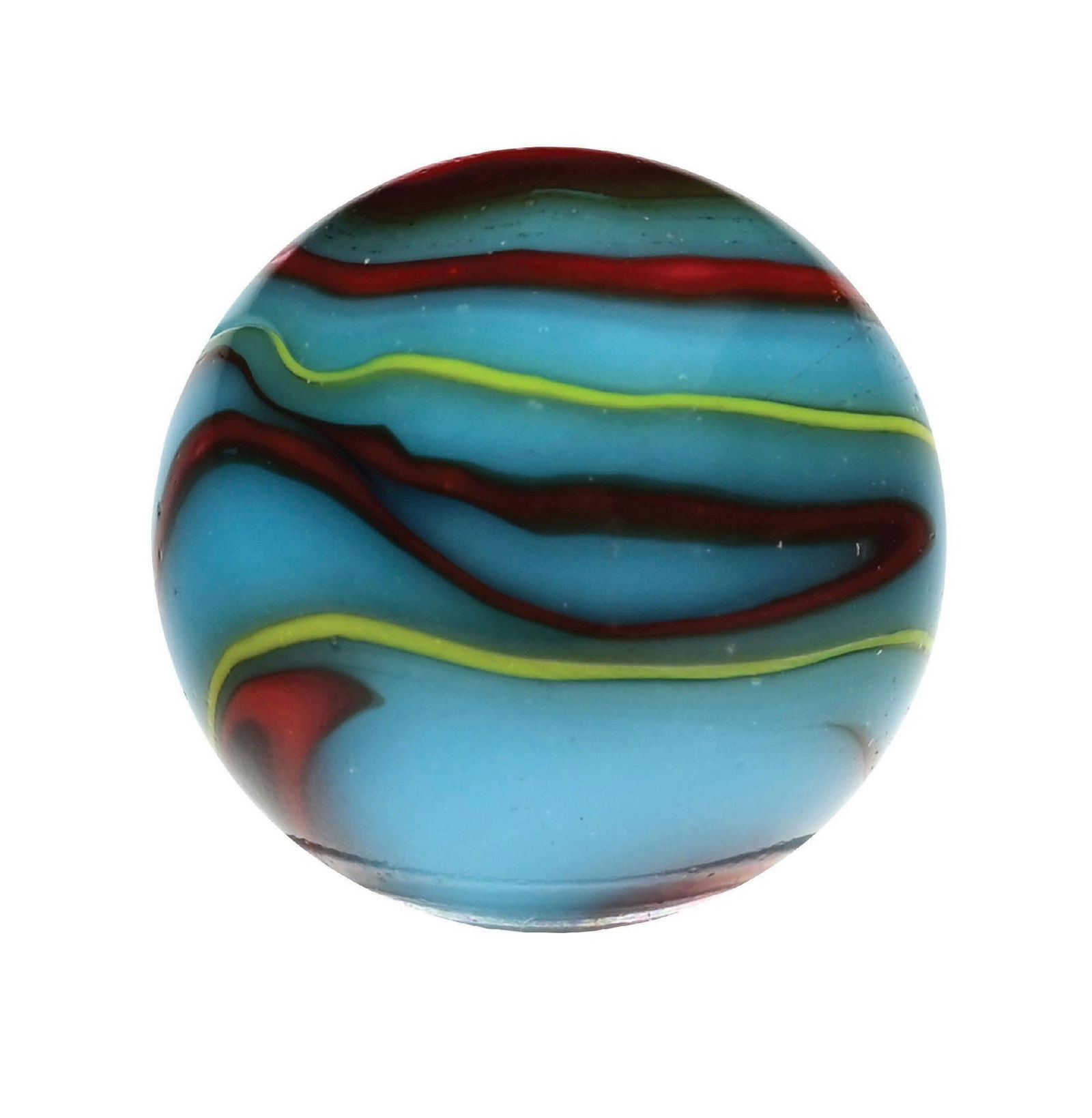 PELTIER SUPERMAN MARBLE: 25/32" diam. Turquoise blue base with red and yellow swirl pattern. Condition: (9.8). Dimensions: 3/4" Dia.