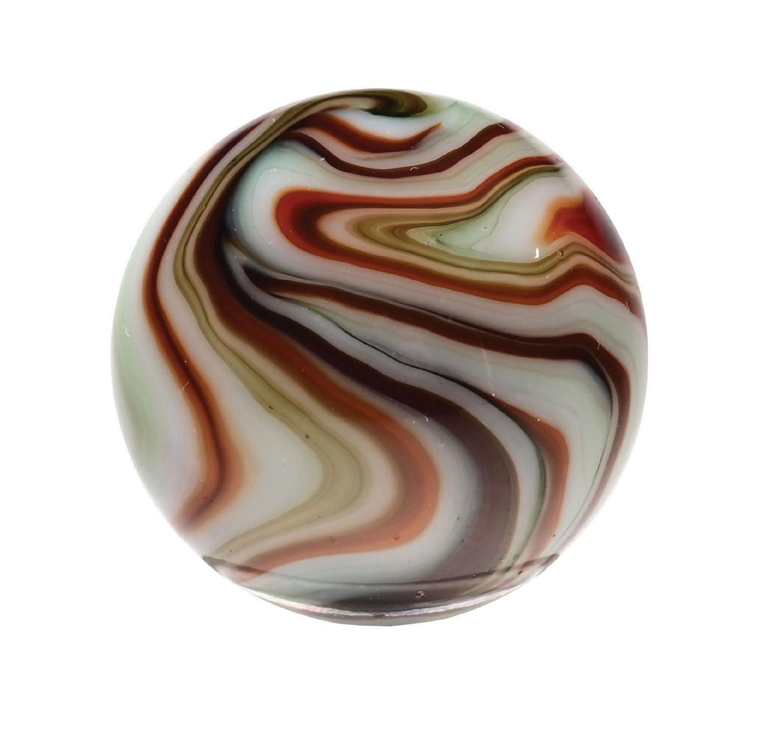 PELTIER BURNT CHRISTMAS TREE SWIRL MARBLE: 25/32" diam. White base with dark red and green Miller swirl pattern. Condition: (9.8). Dimensions: 3/4" Dia.