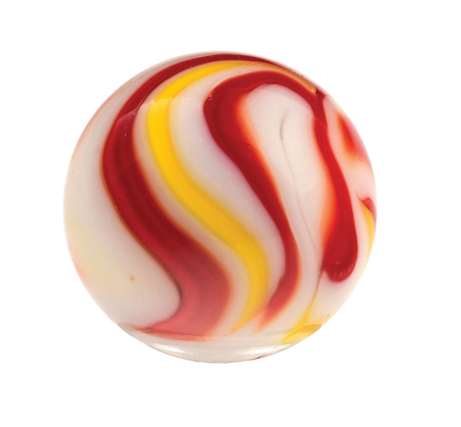 PELTIER KETCHUP & MUSTARD SWIRL MARBLE: 49/64" diam. White base with red and yellow Miller pattern. Condition: (9.8). Dimensions: 3/4" Dia.