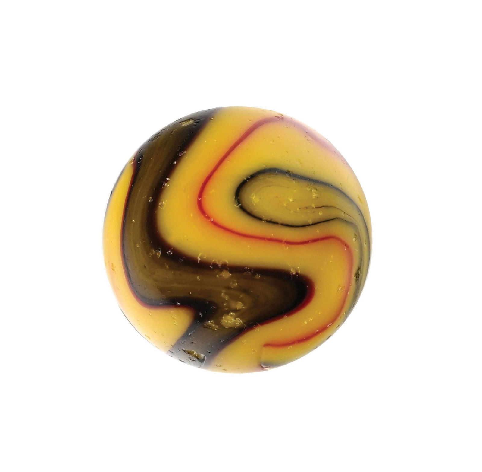 PELTIER GOLDEN REBEL MARBLE: 25/32" diam. Yellow base with black aventurine and red striping. Surface on this marble shows several chips and fleabites. Condition: (8.5). Dimensions: 3/4" Dia.
