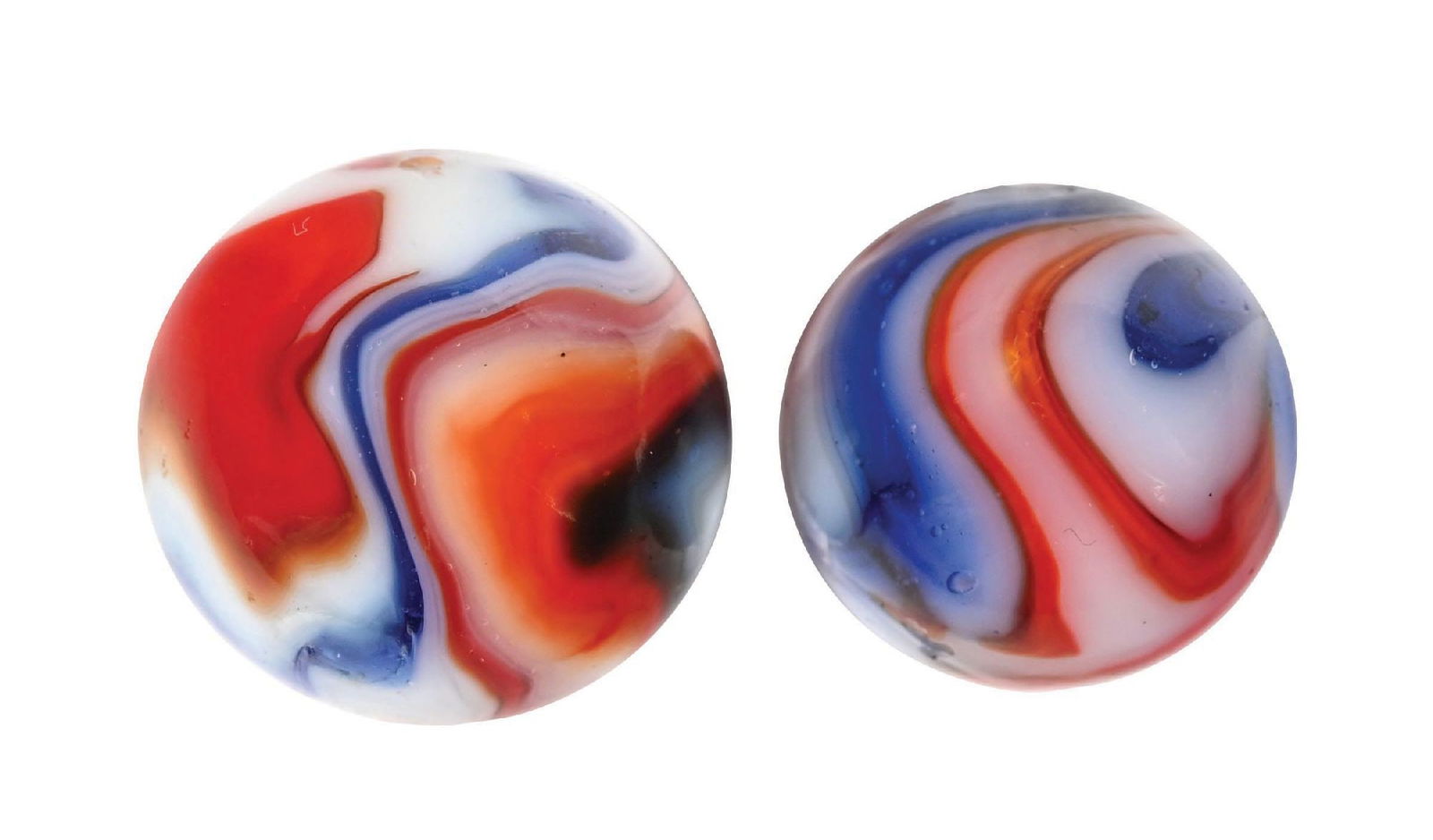 LOT OF 2: PELTIER LIBERTY MARBLES: 3/4" - 55/64" diam. Nice group of Peltier Liberty marbles. Condition: (9.4). Dimensions: Largest: 7/8" Dia.