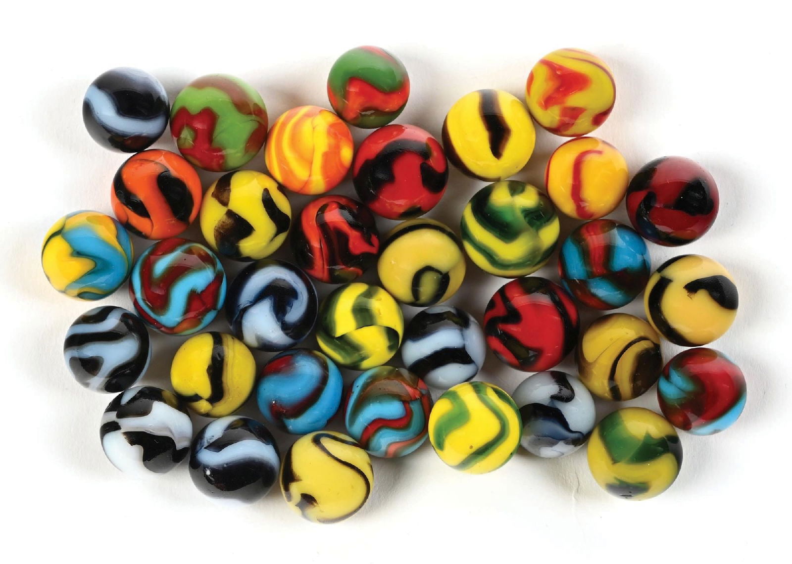 LOT OF APPROXIMATELY 34 PELTIER MULTICOLOR NATIONAL LINE RAINBO MARBLES (1 of 1)