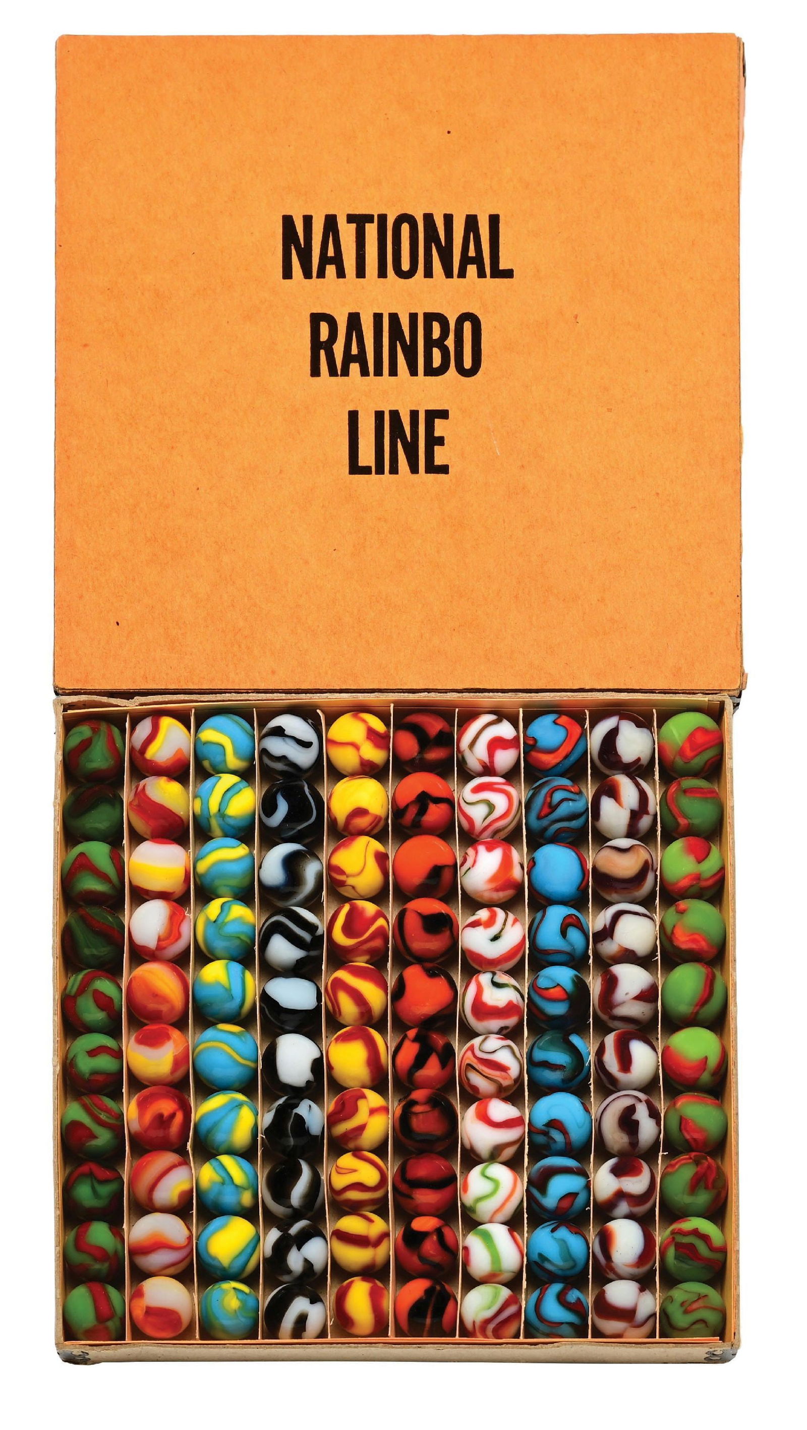PELTIER 100 CT. NATIONAL RAINBO BOX SET NO. 0: 5/8" diam. There are a mixture of two- and three-color Rainbos. From left to right, there is a row of Dragons, Ketchup and Mustard, Cub Scouts, Zebra, Red Bees, Tigers, Christmas Trees, Spiderman, Red