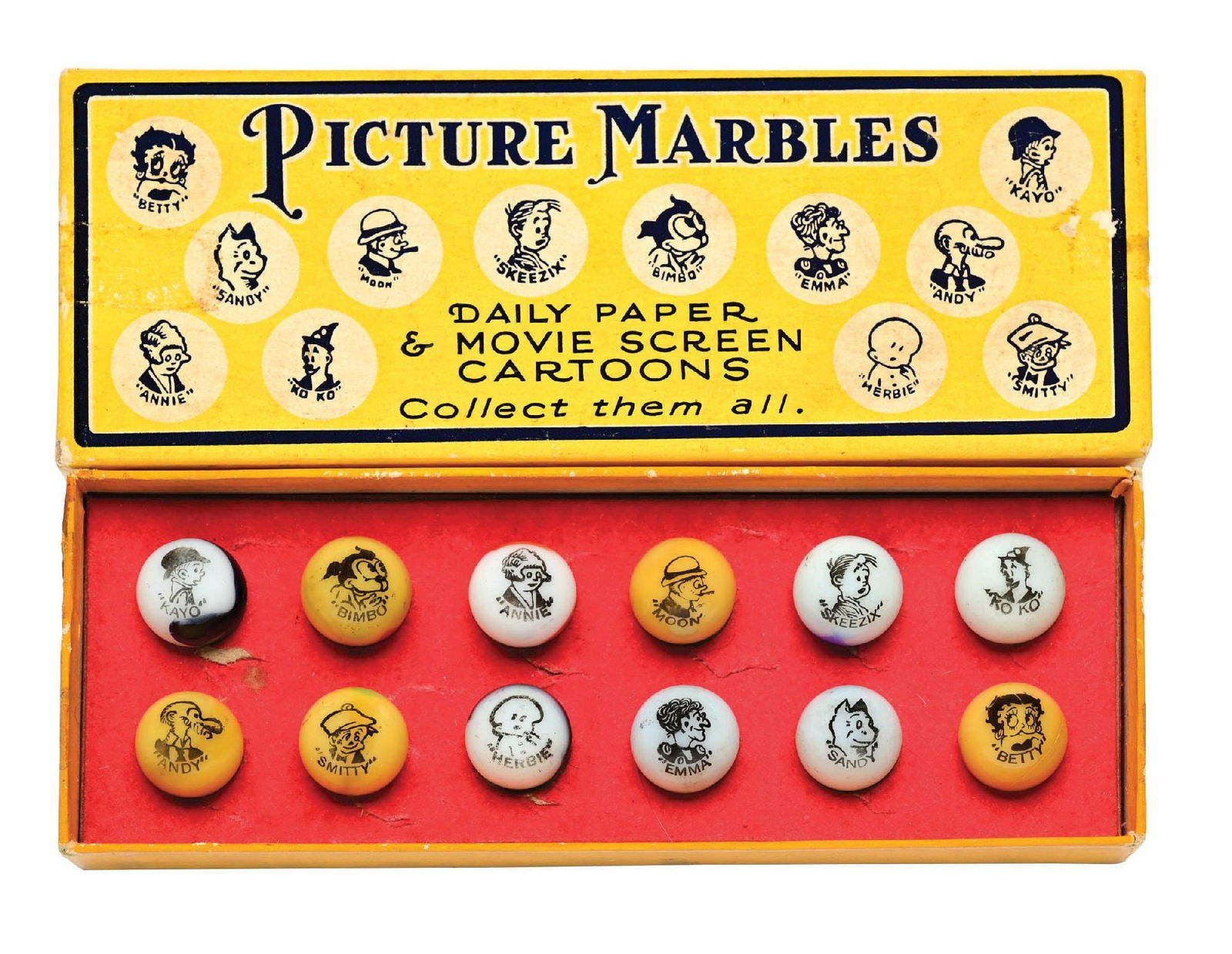PELTIER ORIGINAL YELLOW BOX OF COMIC MARBLES: 11/16" diam. Nice set with original set of Comic marbles. Box top shows wear in one section of the right edge. Marbles: (9.5 Average). Box: (Very Good). Condition: Dimensions: Box: 6 - 3/4" x 2 -