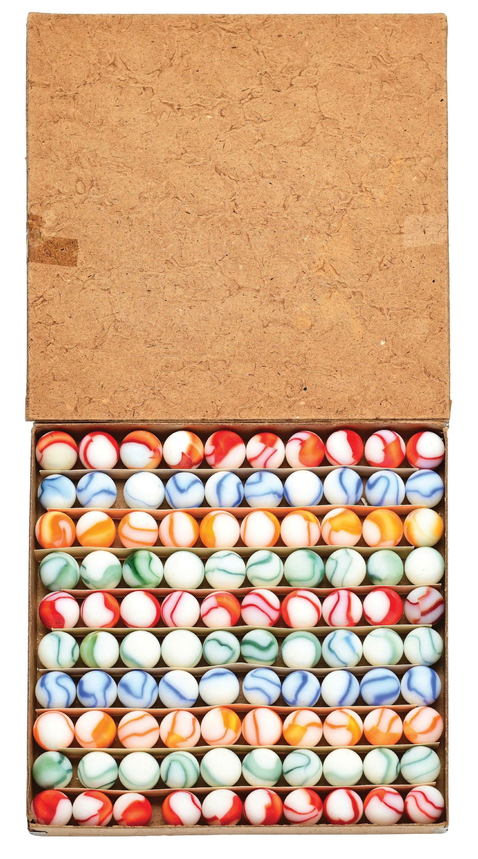 PELTIER NO. 1 100-COUNT RAINBO BOX: All: 11/16" diam. Box of 100 white-based Rainbos. Ribbons are the same color in each row. Box top shows slight tear with tape on left edge. Marbles: (9.5 Average). Box: (Near Mint Plus). Condition: Di