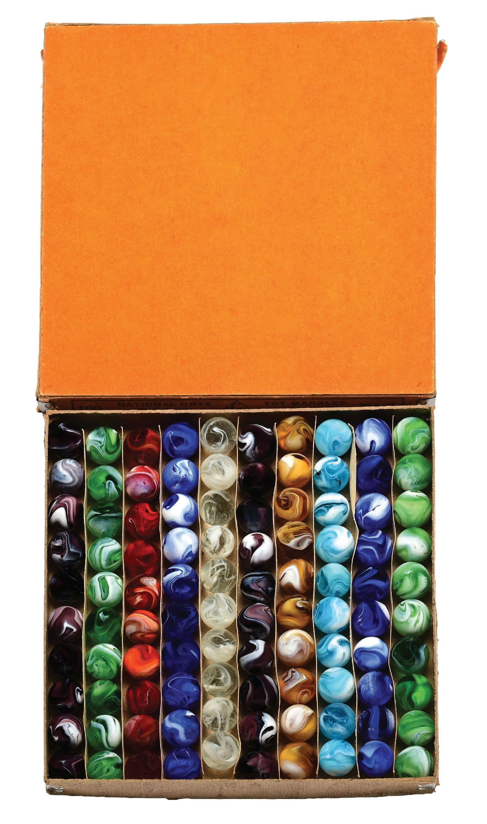 100-COUNT NATIONAL ONYX SLAGS NO. 0 IN SHADOW BOX: 5/8" diam. Gropper & Sons box set with two rows of purple, two rows of green, two rows of blue, one row of red, one row of white, one row of amber, and one row of aqua. Marbles (9.5 Average). Box: (Ex