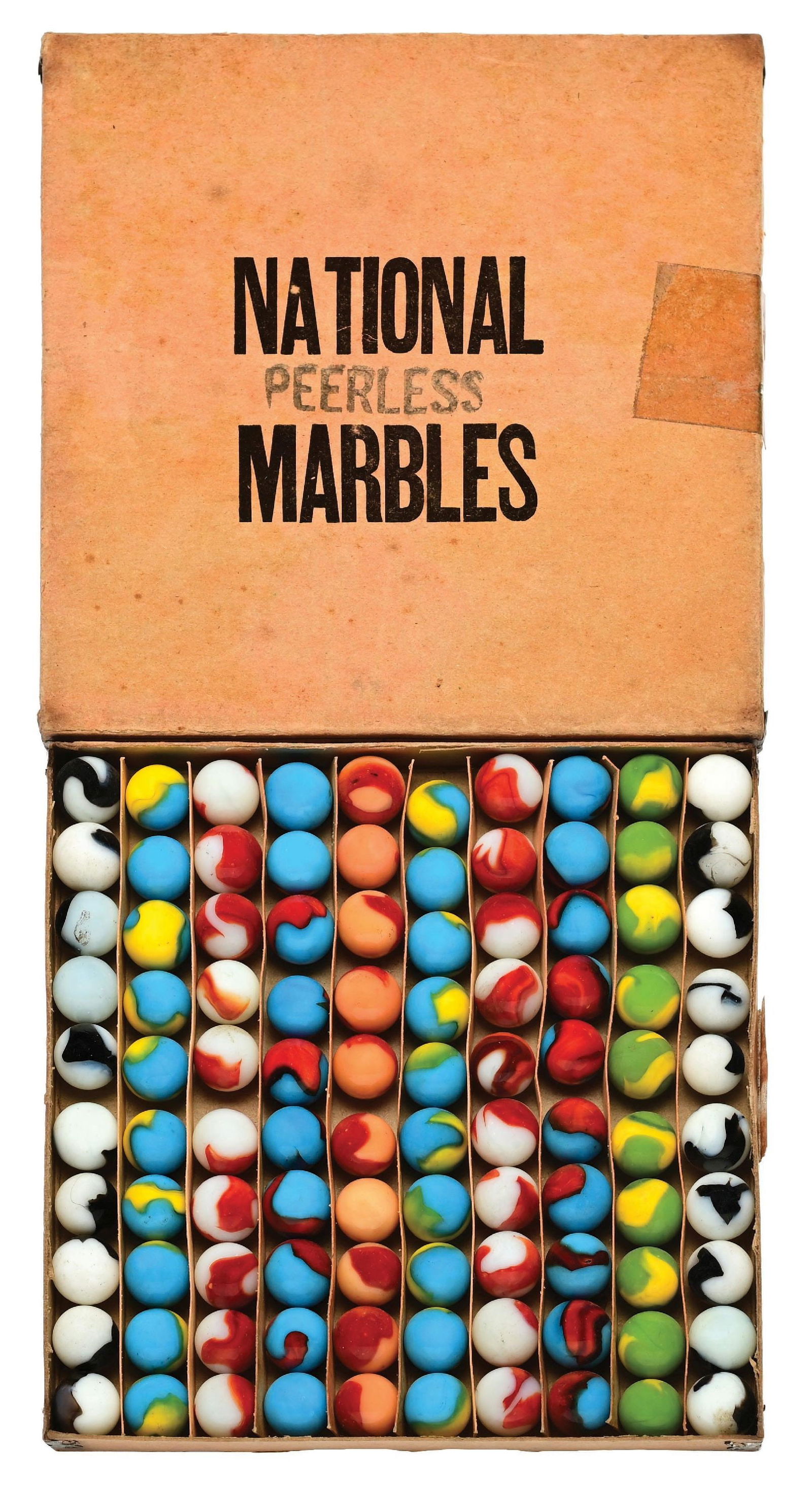 PELTIER NO. 0 100-COUNT PEERLESS PATCH BOX SET: All: 5/8" diam. One-ribbon marbles with same colors in each row. Marbles: (9.5 Average). Box: (Very Good). Condition: Dimensions: Box: 6 - 5/8" x 6 - 5/8" x 3/4".